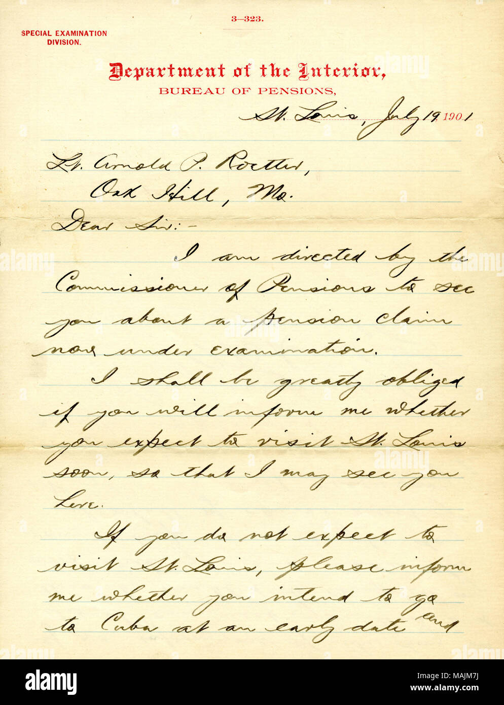 Requests Roetter's assistance with a pension claim. Inquires if he will be in St. Louis soon. Title: Letter of Department of the Interior, Bureau of Pensions, St. Louis, to Lt. Arnold P. Roetter, Oak Hill, Mo., July 19, 1901  . 19 July 1901. United States. Pension Bureau Stock Photo