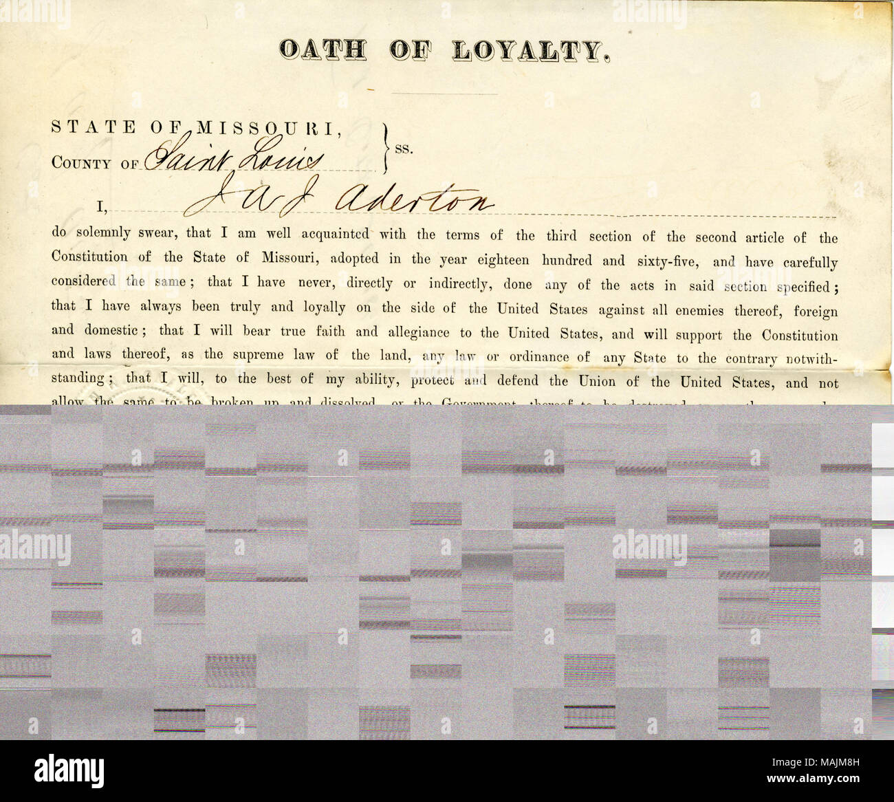 Loyalty oath of J. Aderton, State of Missouri, County of St. Louis, page one, October 20, 1866. Dexter P. Tiffany Collection, Missouri History Museum, St. Louis, Missouri. B69/F4 Stock Photo