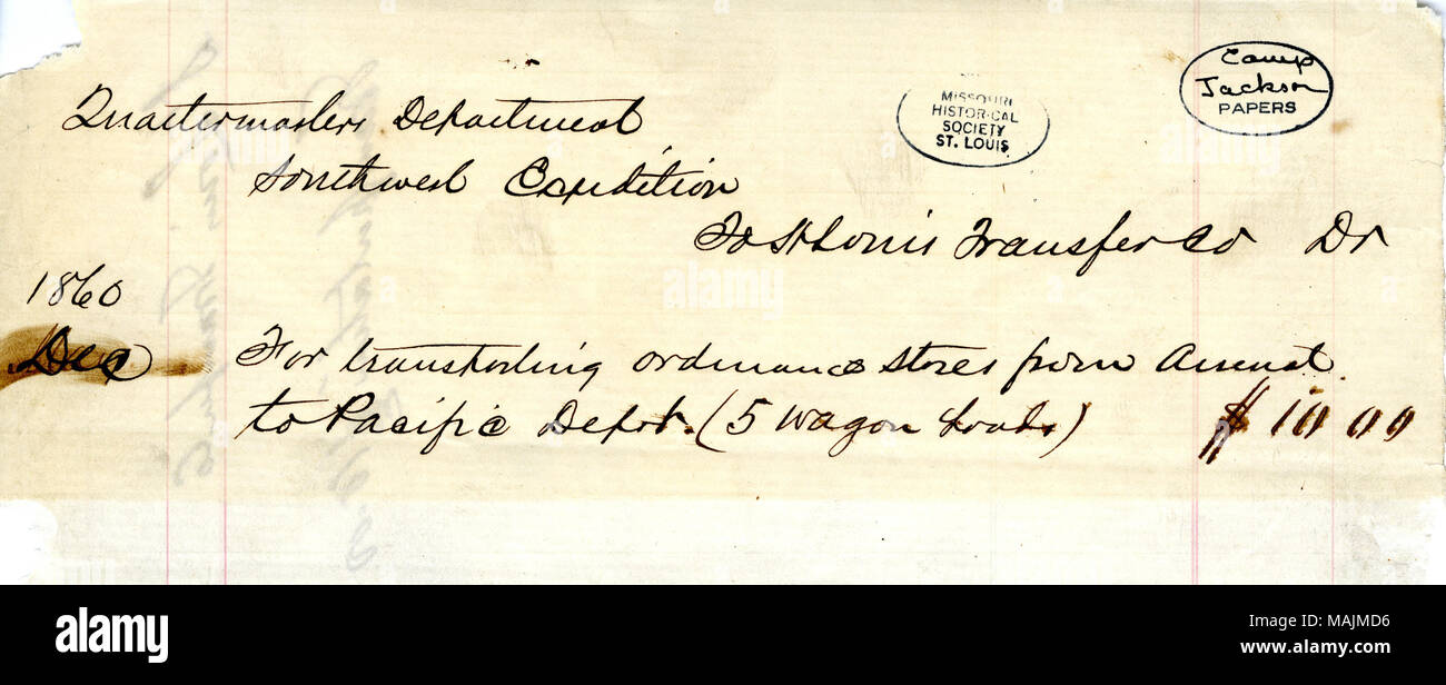Receipt from the St. Louis Transfer Company, for transporting camp equipment and stores to Lindell’s Grove (Camp Jackson) for General Frost’s brigade, page one, 1861-05-06. Civil War Collection, Missouri History Museum, St. Louis, Missouri. Stock Photo