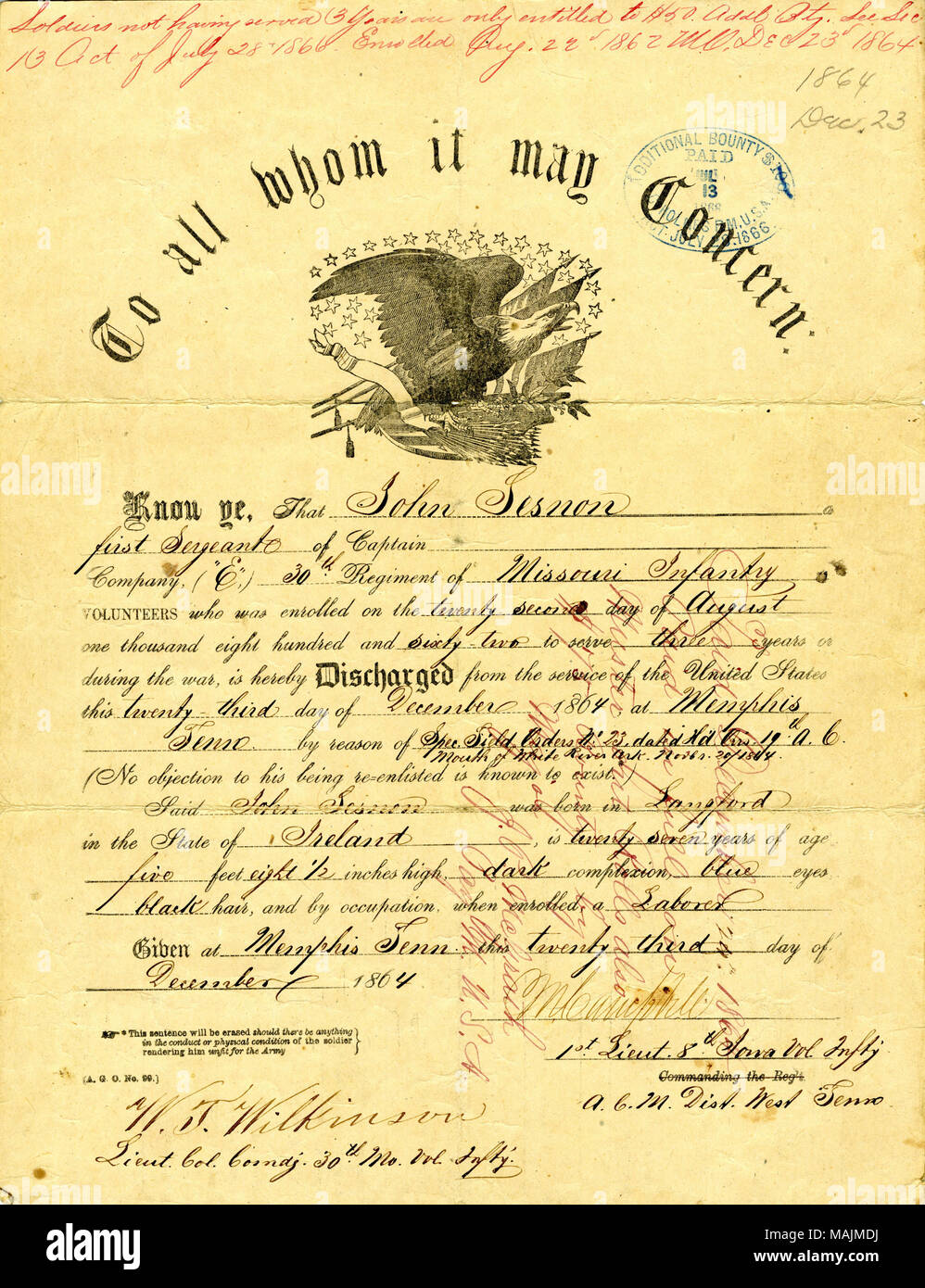 Discharges Sesnon by reason of Special Field Orders No. 23. Title: Discharge certificate of John Sesnon from the service of the United States in Company E of the 30th Missouri Infantry, December 23, 1864  . 23 December 1864. Campbell, M. Stock Photo