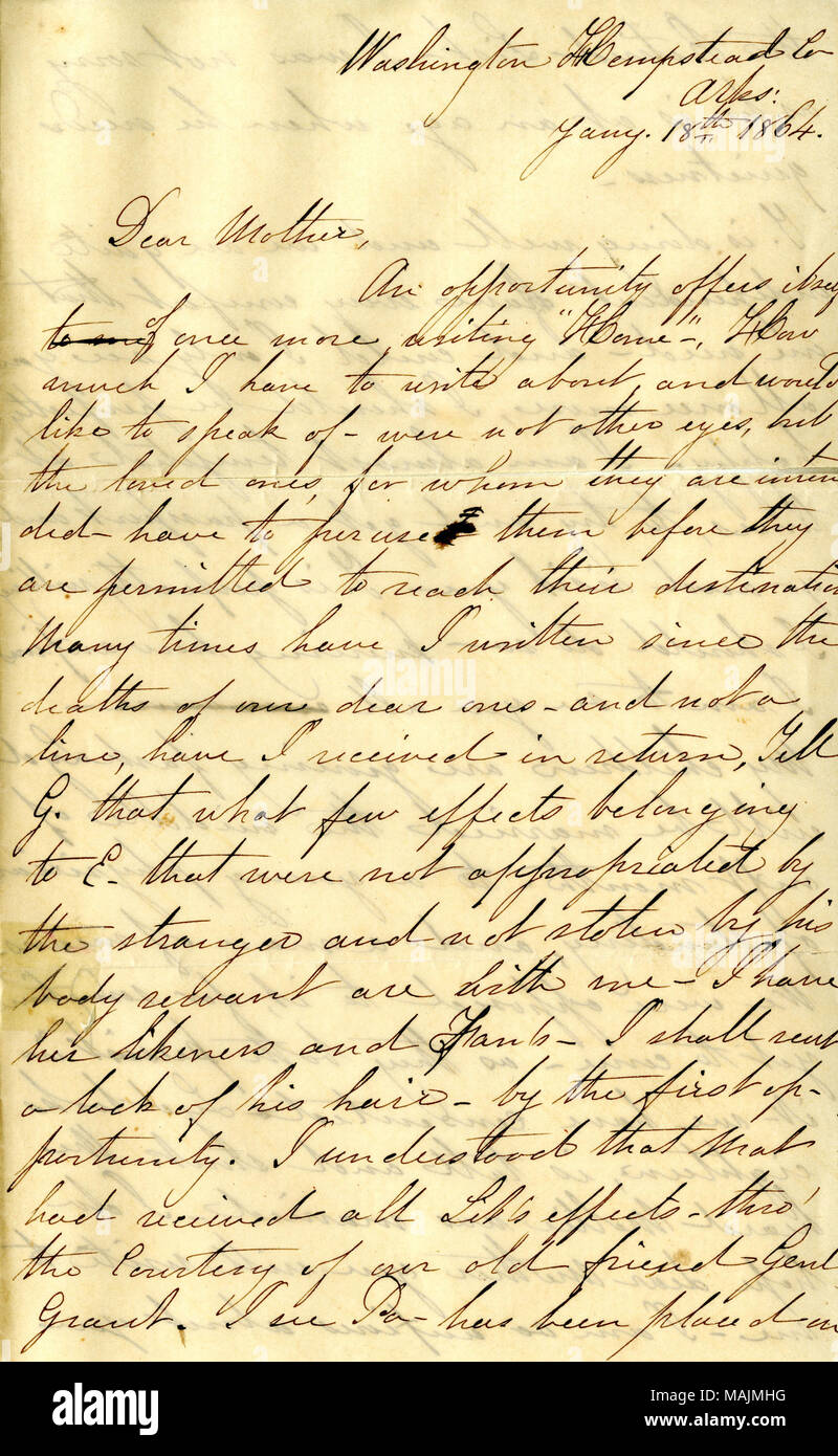 Relays family and personal news. Transcription: Washington Hempstead Co. Arks. Jany. 18th 1864. Dear Mother, An opportunity offers itself to send of once visiting ?ǣHome , How much I have to write Relays family and personal news. Transcription: Washington Hempstead Co. Arks. Jany. 18th 1864. Dear Mother, An opportunity offers itself to send of once visiting ?ǣHome , How much I have to write