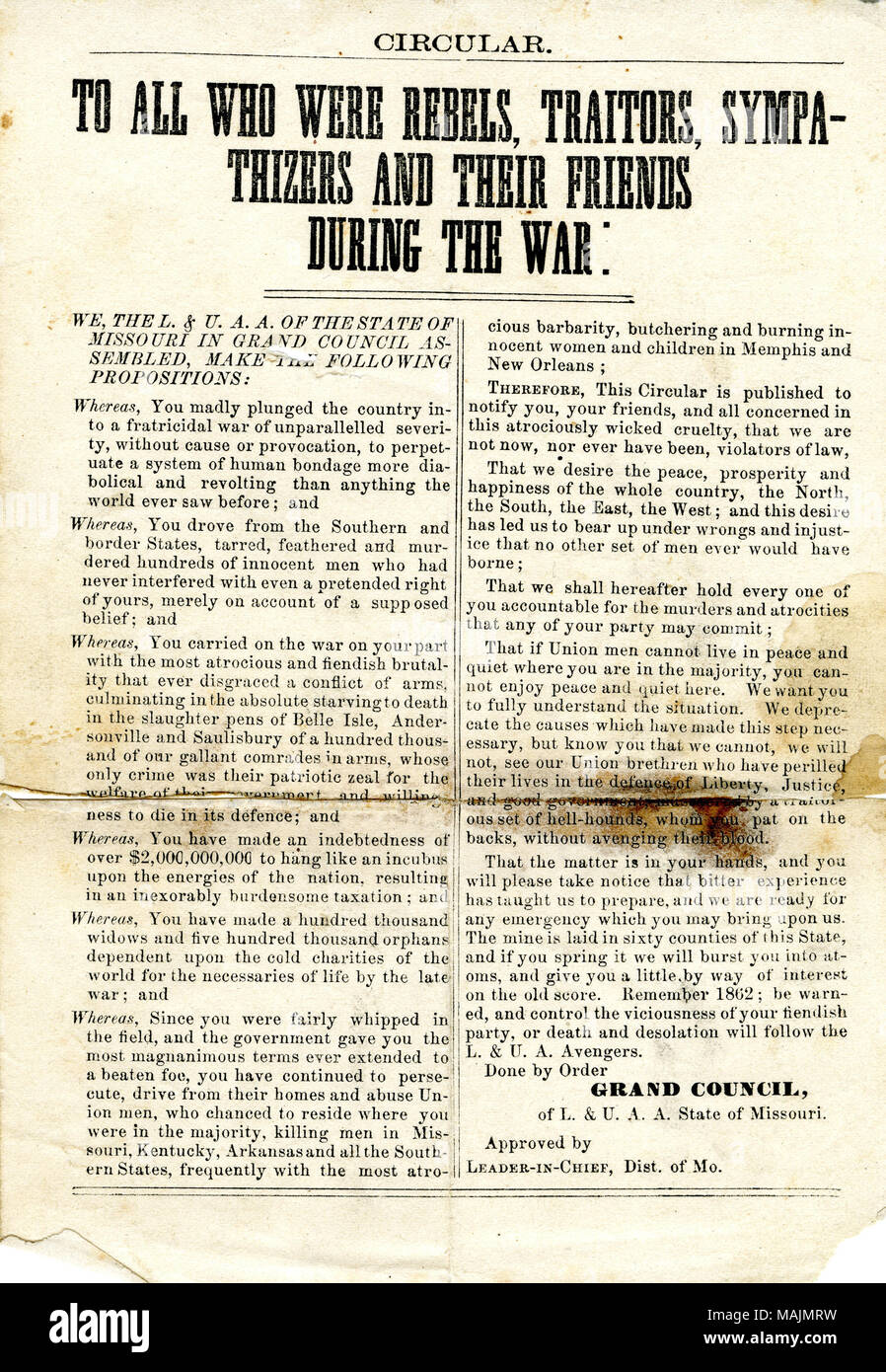 Circular titled “To All Who Were Rebels, Traitors, Sympathizers and Their Friends during the War,” provided by the Grand Council of the of the L. & U.A.A. of the State of Missouri, page one, no date. Civil War Collection, Missouri History Museum, St. Louis, Missouri. Stock Photo