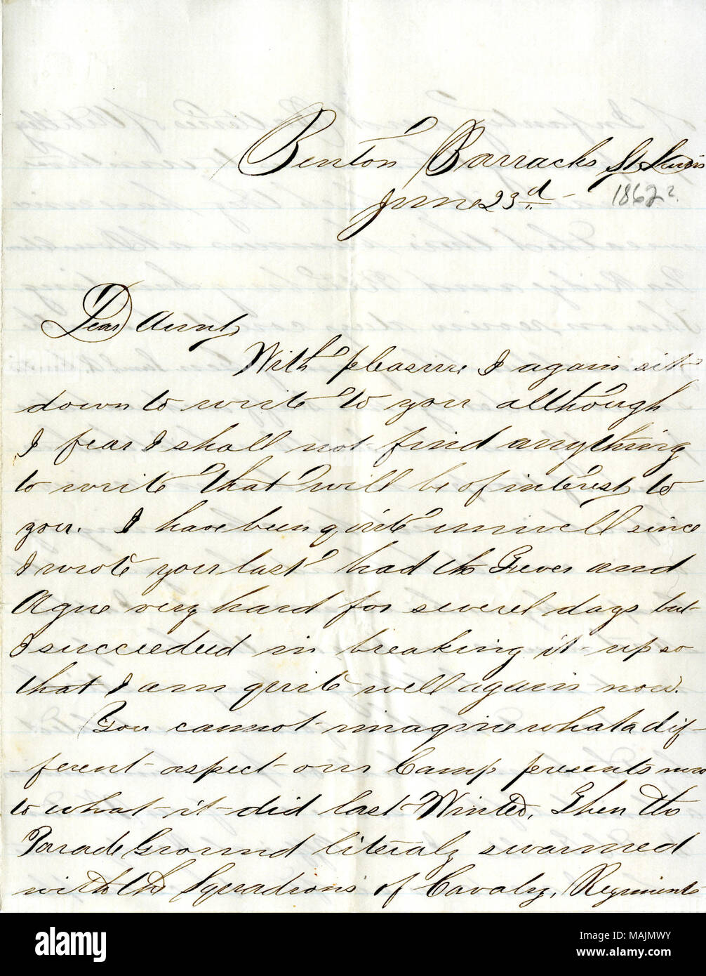 Describes affairs at Benton Barracks, including a visit of General Samuel R. Curtis. Includes a poem.  Benton Barracks St Louis June 23d Dear Aunt, With pleasure I again sit down to write you although I fear I shall not find anything to write that will be of interest to you. I have been quite unwell since I wrote you last had the Fever and Ague very hard for several days but I succeedeed in breaking it up so that I am quite well again now. You cannot imagine what a different aspect our Camp presents now to what it did last Winter. Then the Parade Ground literaly swarmed with the Squadrons of C Stock Photo