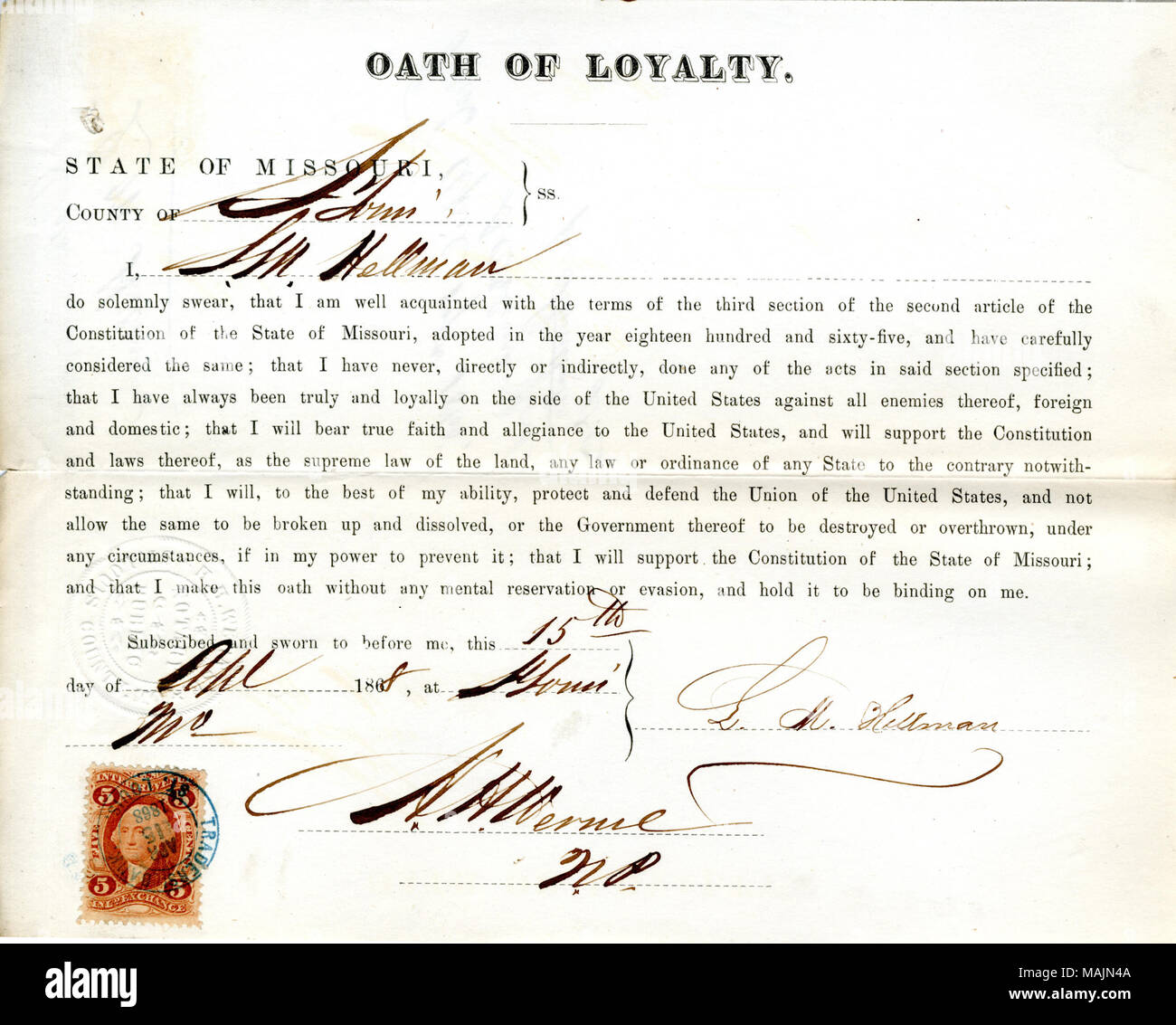 Swears oath of allegiance to the Government of the United States and the State of Missouri. Title: Loyalty oath of L. M. Hellman of Missouri, County of St. Louis  . 17 April 1868. Hellman, L. Stock Photo