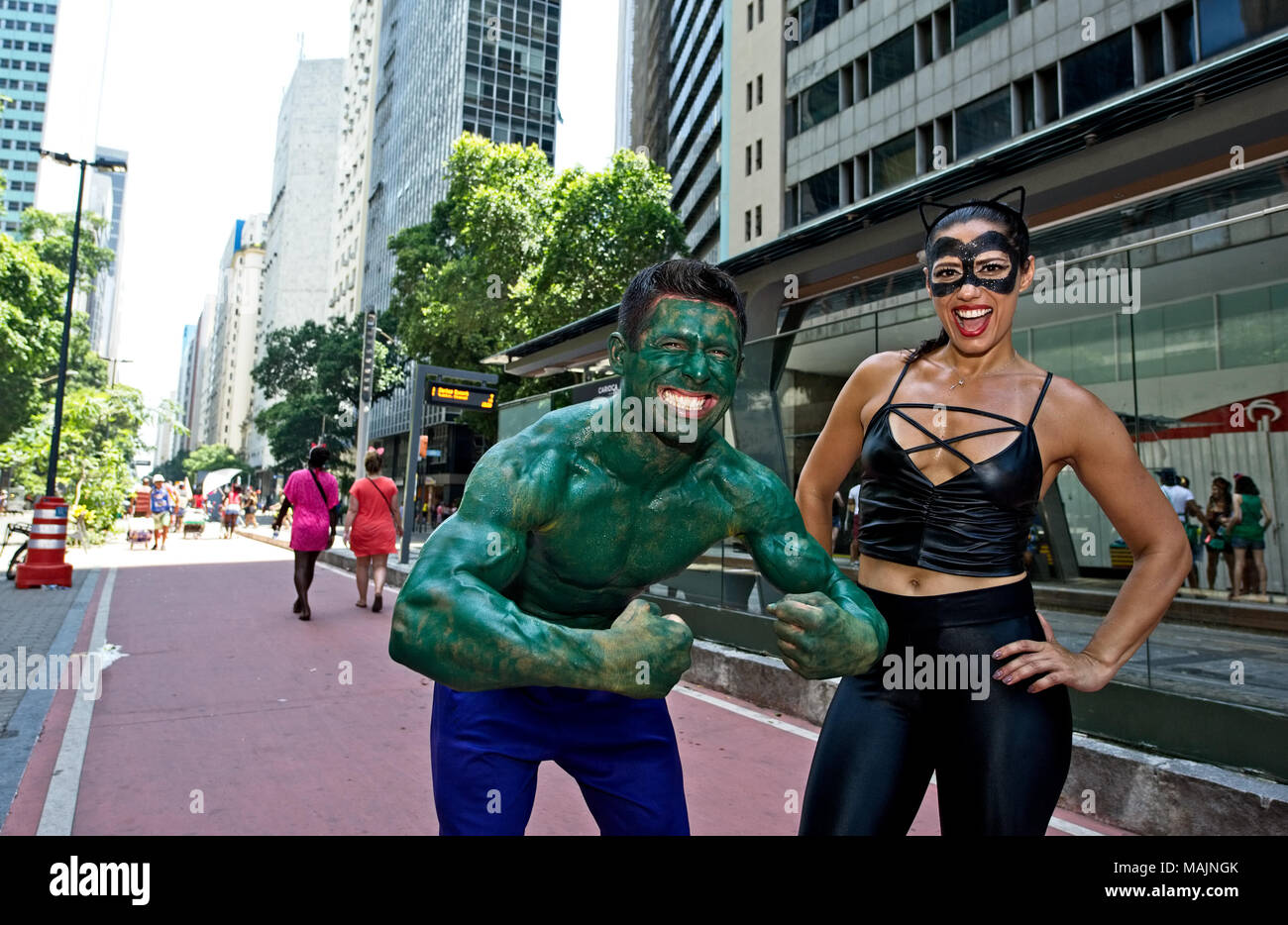 Carnival, Rio de Janeiro, Brazil - February 11, 2018:  Disguised revelers take part in the traditional street block Cordao do Boitata Stock Photo