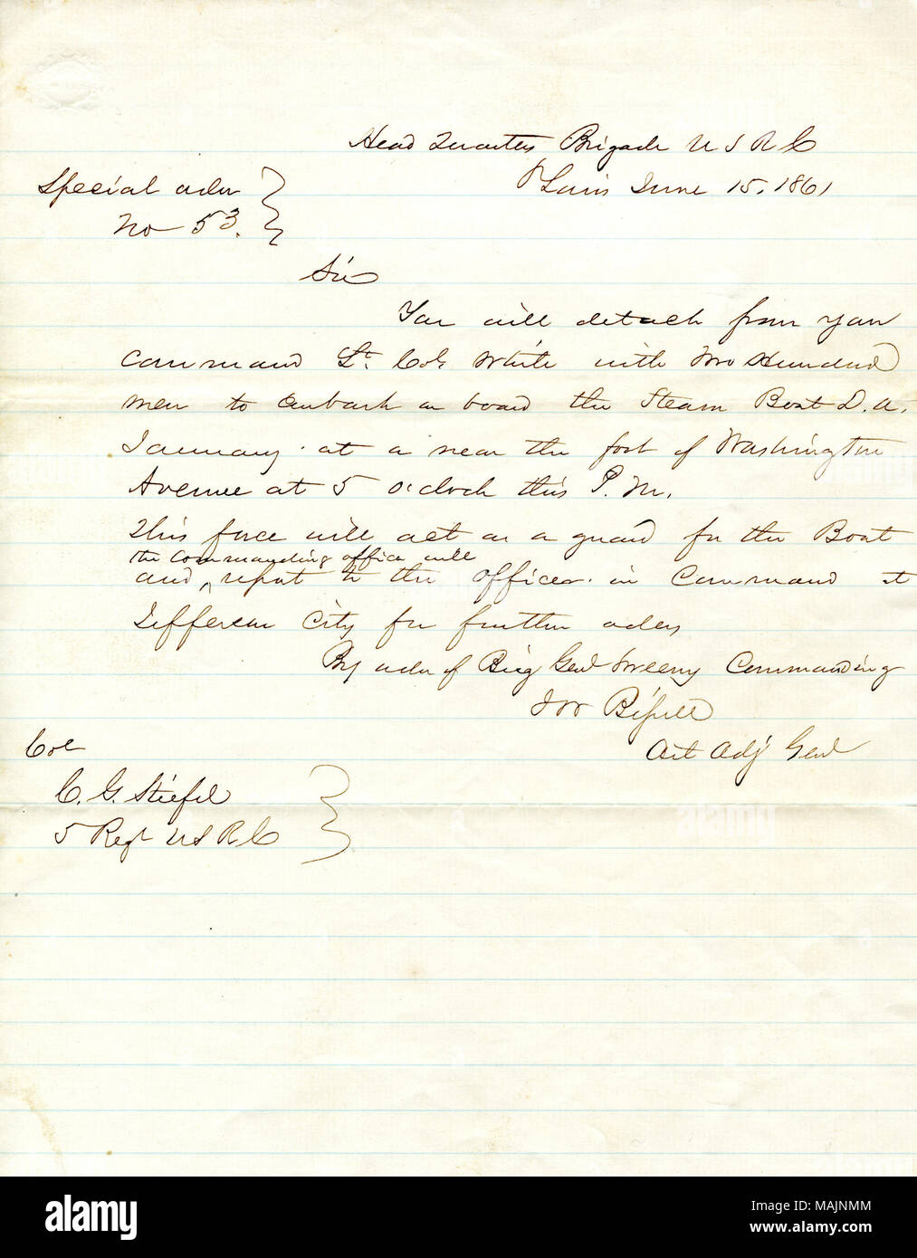 Gives instructions for detaching Lieutenant Colonel White [Robert White] with two hundred men to act as a guard for a steamboat.  Transcription: Head Quarters Brigade USRC[United States Reserve Corps] St Louis June 15. 1861 Special order } No 53 } Sir You will detach from your command Lt. Col. White with Two Hundred men to embark on board the Steam Boat D.A. January at a near the foot of Washington Avenue at 5 o ?clock this P.M. This force will act as a guard for the Boat and the Commanding officer will repo[r]t to the Officer in Command at Jefferson City for further o[r]ders By o[r]der of Bri Stock Photo