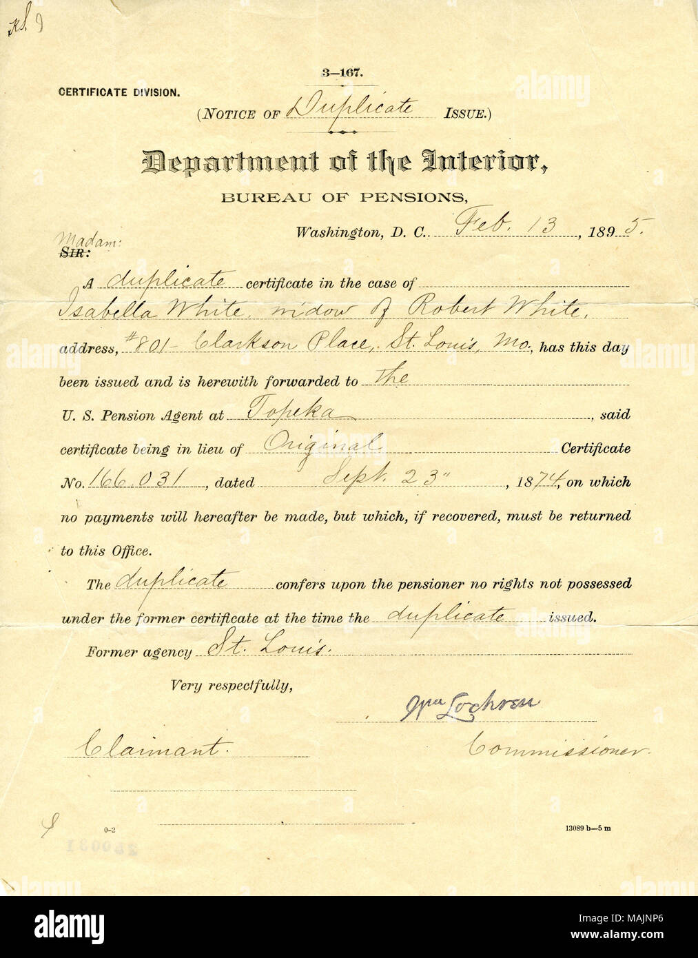 States that a duplicate pension certificate in the case of Isabella White, widow of Robert White, was issued and forwarded to the U.S. Pension Agent at Topeka. Title: Circular letter of William Lochren, Commissioner, Department of the Interior, Bureau of Pensions, Washington, D.C., to Claimant [Isabella White], February 13, 1895  . 13 February 1895. Lochren, William Stock Photo