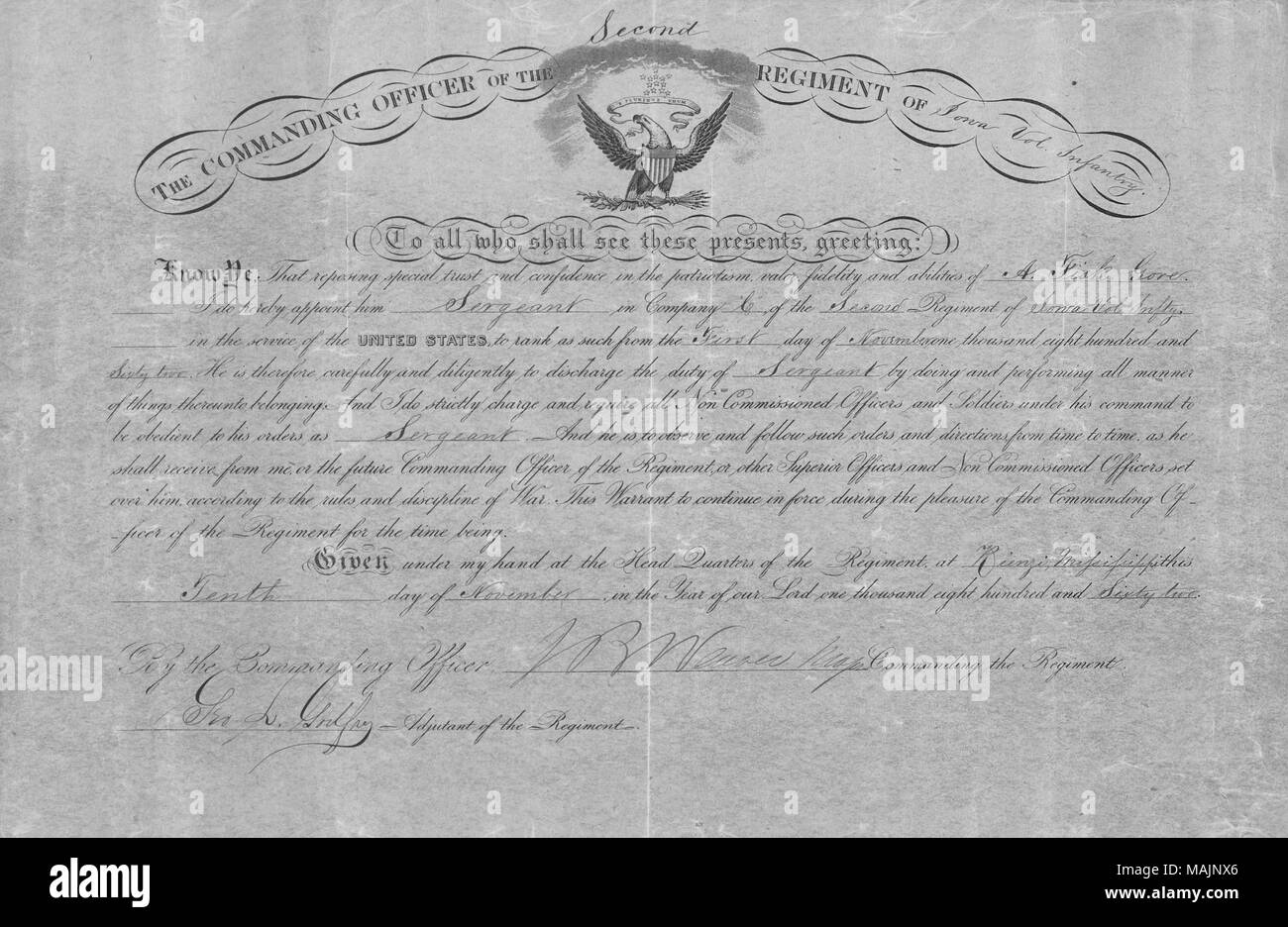 Appoints Gore as Sergeant in Company 'C' of the 2nd Iowa Volunteer Infantry Regiment. Title: Appointment of A. Fisk Gore [Abijah Fisk Gore], November 10, 1862  . 10 November 1862. Weaver, J. R. Stock Photo