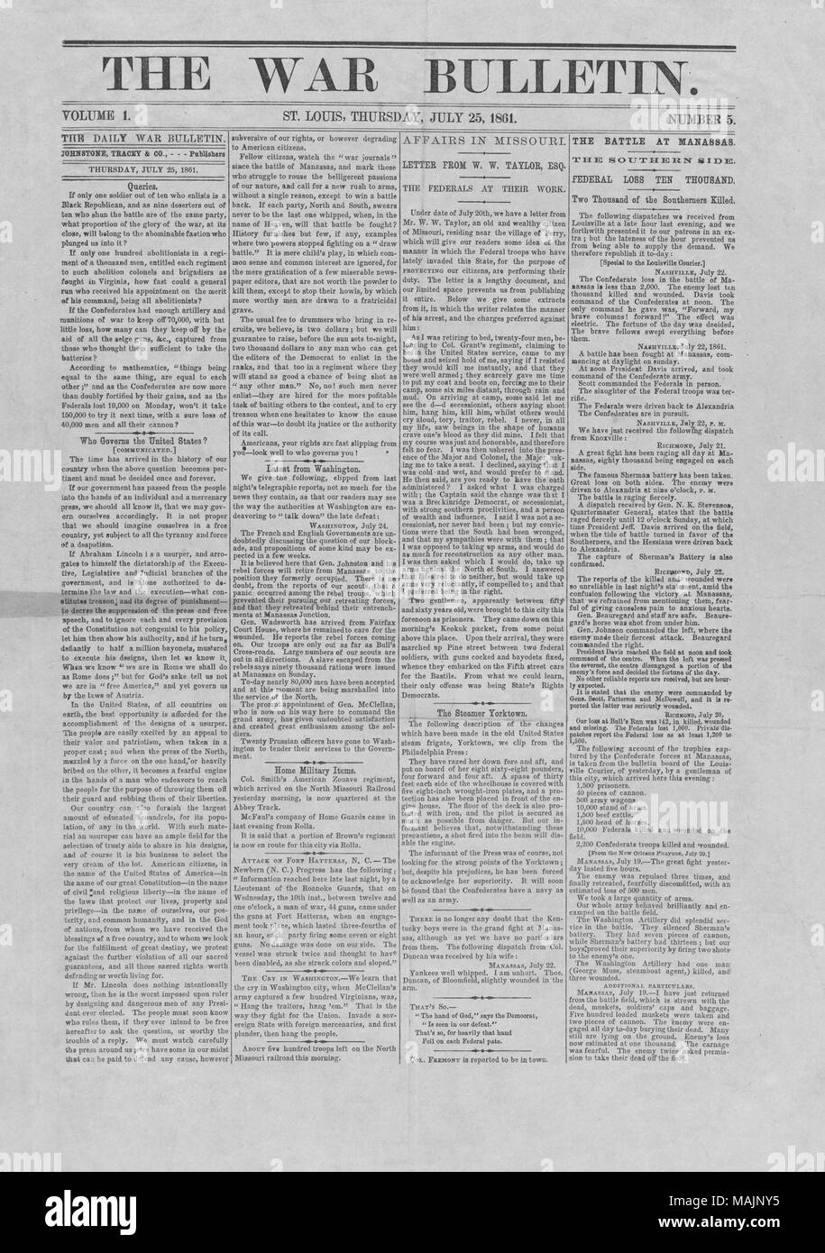 Includes article titled 'Who Governs the United States?' criticizing Abraham Lincoln, news of the First Battle of Bull Run, and news of affairs in Missouri. Title: Newspaper issue of The War Bulletin, July 25, 1861  . 25 July 1861. War Bulletin Stock Photo