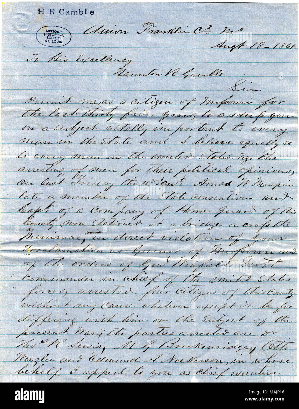 Requests that Gamble intervene in the arrest of four citizens of Franklin County, Missouri, by unit of the Home Guard. Title: Letter signed E.B. Dobyns, Union, Franklin Co., Mo., to Hamilton R. Gamble, August 18, 1861  . 18 August 1861. Dobyns, E. B. Stock Photo