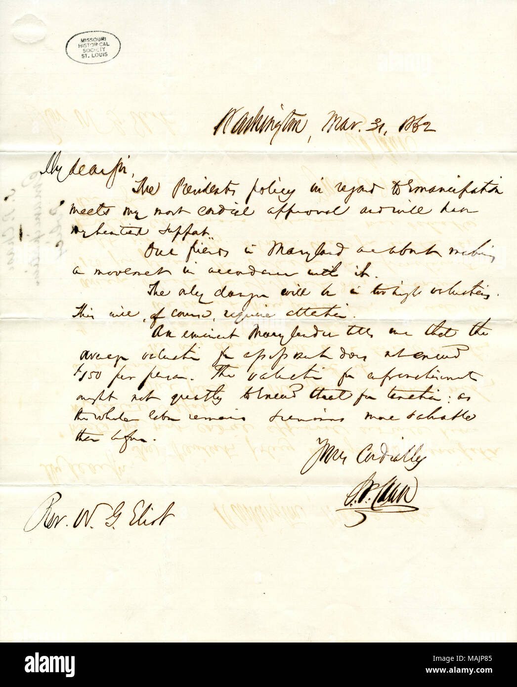 Says that he approves and supports President Lincoln's Emancipation policy. Title: Letter signed S.P. Chase, Washington, to W.G. Eliot, March 31, 1862  . 31 March 1862. Chase, Salmon P. (Salmon Portland), 1808-1873 Stock Photo