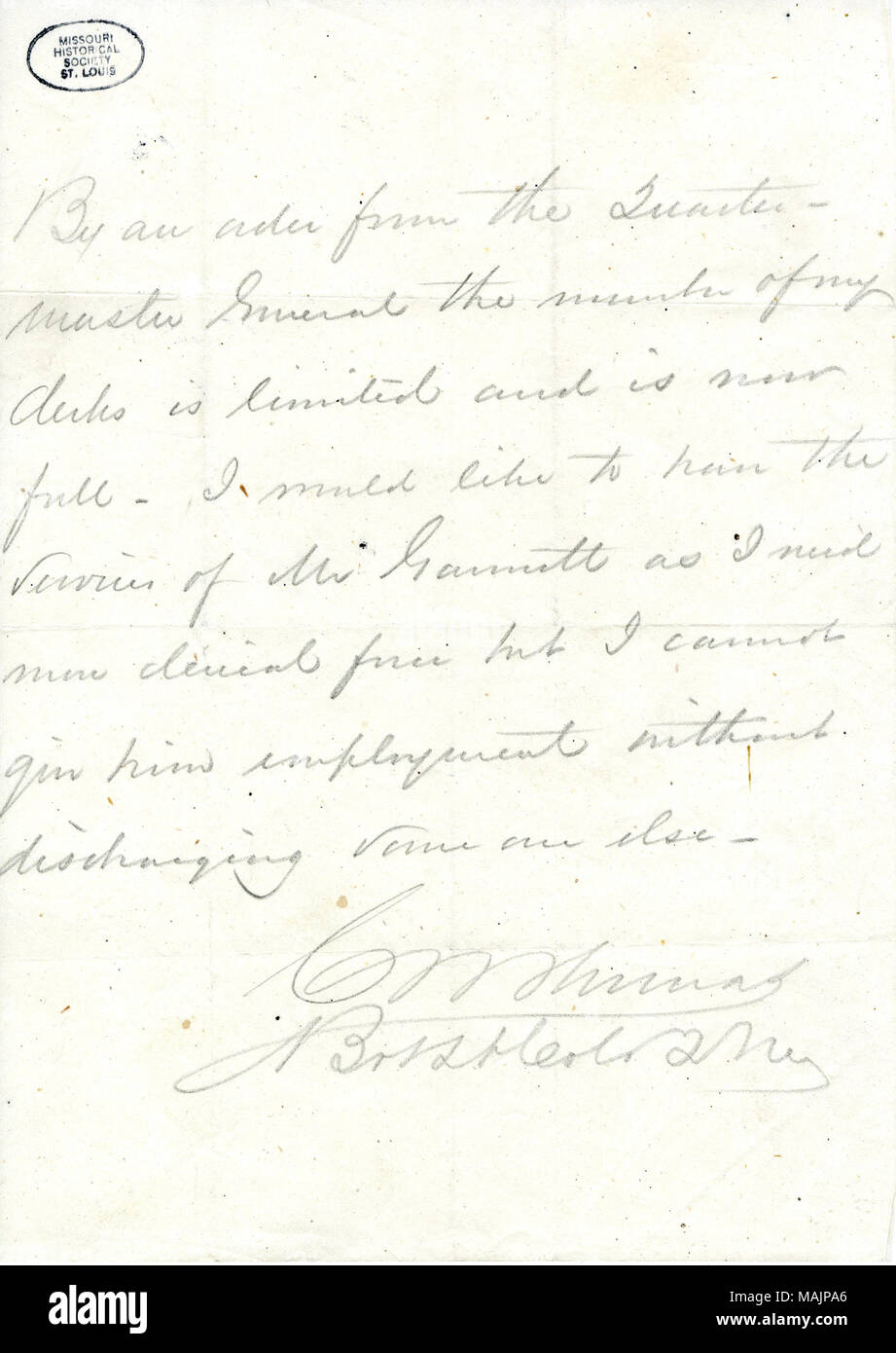 Informs Sherman that he would like to have the clerical services of Mr. Gannett, but cannot give him employment without discharging someone else.  Transcription: By an order from the Quarter-Master General the number of my Clerks is limited and is now full. I would like to have the services of Mr Gannett as I need more clerical force but I cannot give him employment without discharging some one else_ C W Thomas Bvt Lt Col Q Mr [Brevet Lieutenant Colonel Quartermaster] Title: Letter signed C.W. Thomas [to William T. Sherman], June 1868  . June 1868. Thomas, C. W. Stock Photo