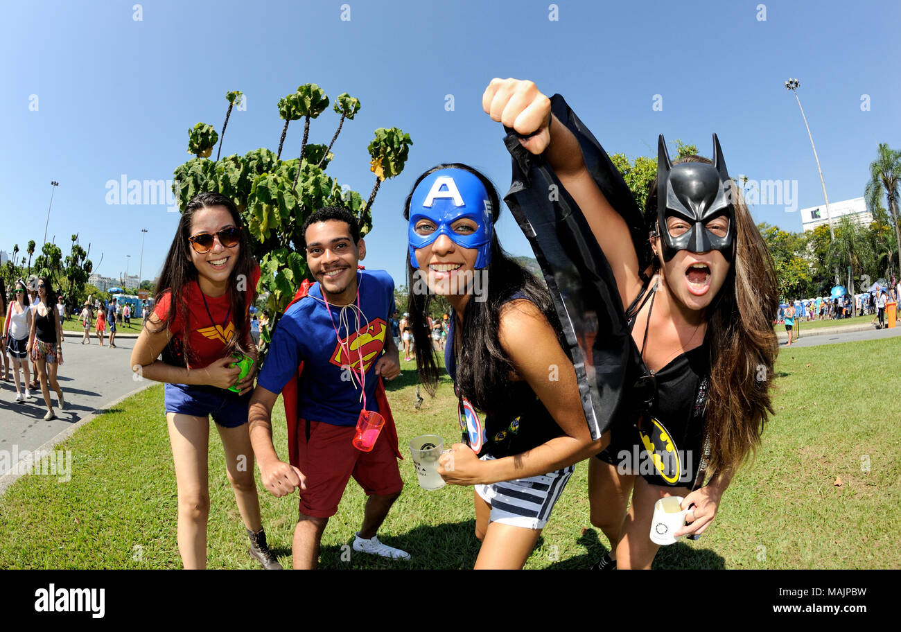 Carnival, Rio de Janeiro, Brazil - February 8, 2016: Friends have tons of fun during the annual block party known as Sergeant Pepper Stock Photo