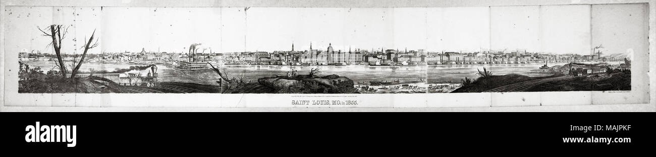 View of the St. Louis riverfront from the Illinois shore. Text under center of image reads: 'Entered in the Clerks Office of the U.S. District Court of Missouri, February 1855 by Leopold Gast and Brother according to an act of Congress respecting Copy rights.' Text in lower right corner reads: 'Engr. On Stone by Leopold Gast and Brother' Title: 'Saint Louis, MO. In 1855.'  . 1855. August Gast and Company Stock Photo