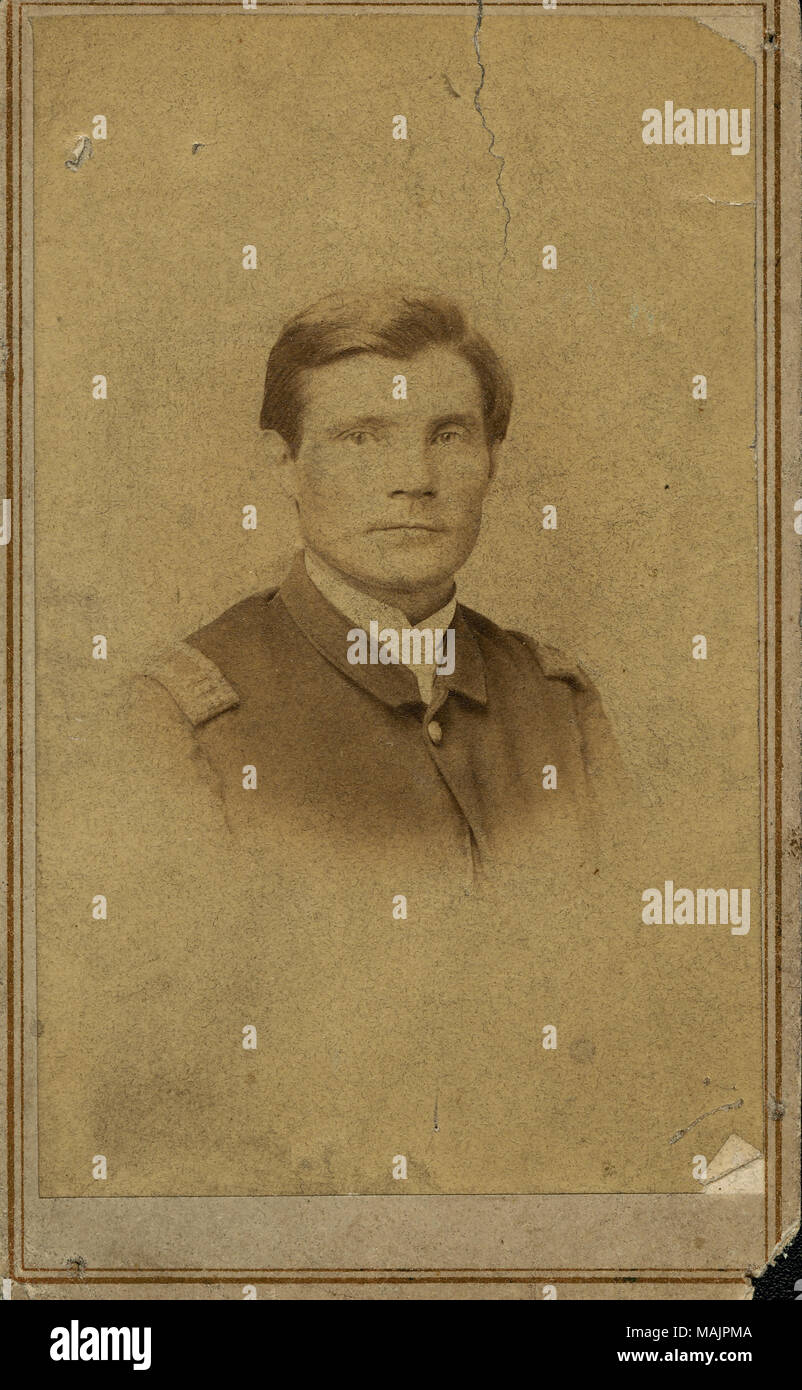 Bust portrait of a man in uniform. Name card pasted on reverse side, with illegible writing under card. Card is not completed adhered to CDV. 'Taken in the Battlefield of Corinth Capt. Benj. Tannrath' (written on name card). 'Rt. Rev. Msgr. John J. Tannrath The Cathedral St. Louis' (printed on name card). Capt. Tannrath enlisted in the 1st Missouri Volunteer Infantry, Company B as a 1st Lt. and participated in the Camp Jackson affair (Rombauer, 'The Union Cause in St. Louis in 1861,' 1909: 353). Before the regiment's 3 month service time expired, it was turned into the 1st Missouri Volunteer A Stock Photo