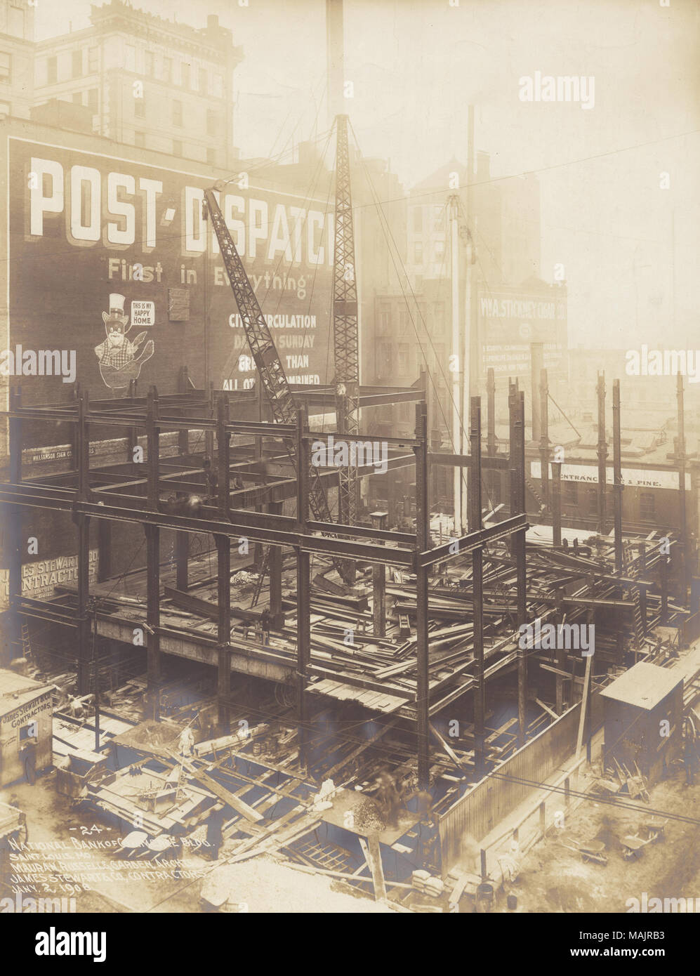 Title: National Bank of Commerce Building, southeast corner of Broadway and Olive Street. Early construction view, 2 January 1908.  . 2 January 1908. Stock Photo