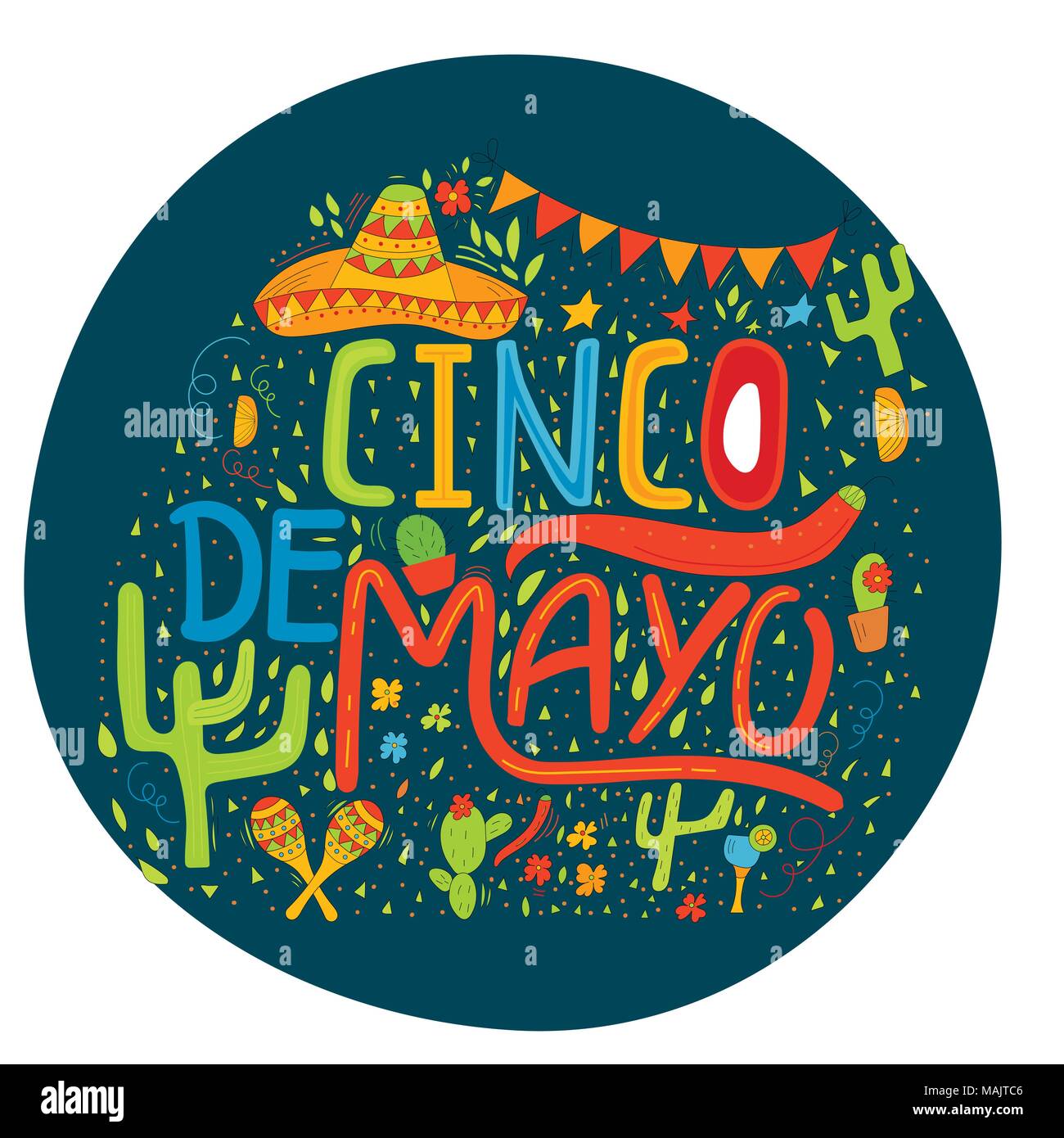 Banner or card for Cinco de Mayo celebration. Holiday poster with hand drawn calligraphy lettering, sombrero, cactus, chilli, tequila and maracas. Vec Stock Vector
