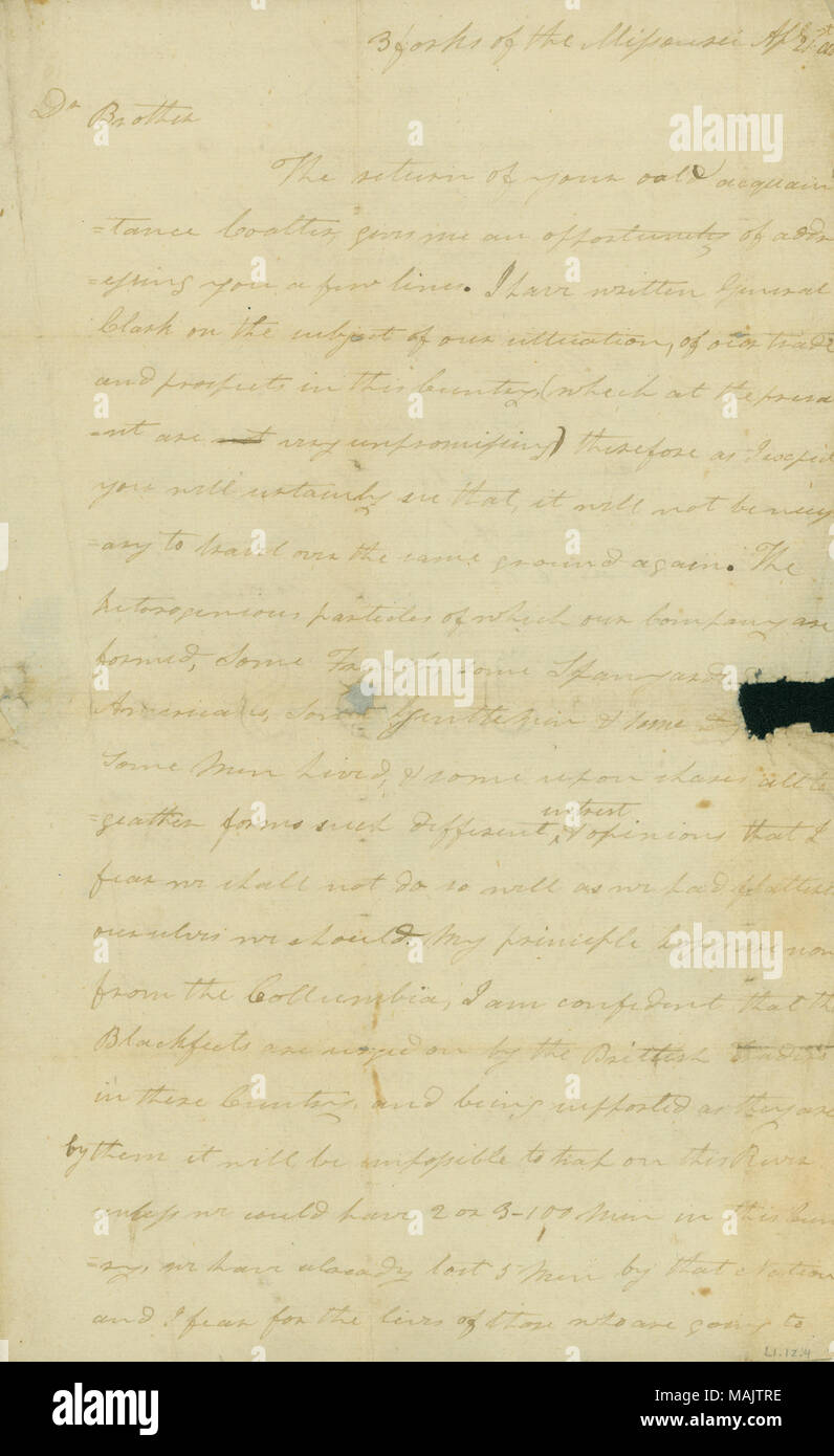 States that he has written General Clark on the subject of their situation with trade and prospects in this country. Title: Letter from Reuben Lewis, 3 forks of the Missouri, to Meriwether Lewis, April 21, 1810  . 21 April 1810. Lewis, Reuben Stock Photo