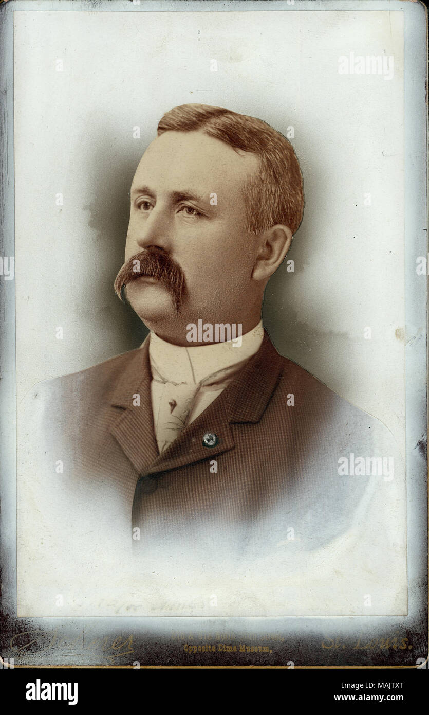 Bust portrait of Amos M. Thayer wearing a suit and tie, and turned to the left. 'Scherer' and '[Address covered with white-out] Opposite Dime Museum, St. Louis.' (printed below image). Title: Amos M. Thayer, 1st Lieutenant, U.S. Signal Corps, Brevet Major.  . 1888. Scherer, St. Louis Stock Photo