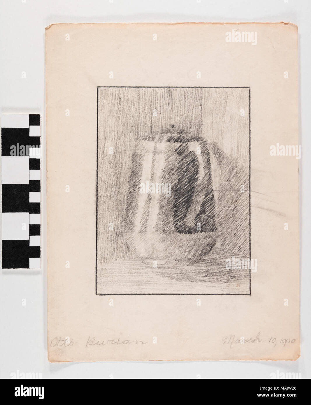 Rectangular pencil drawing of a coffee pot adhered to paper. Title: Drawing 'Coffee Pot' by Otto Burian  . 10 March 1910. Burian, Otto Stock Photo