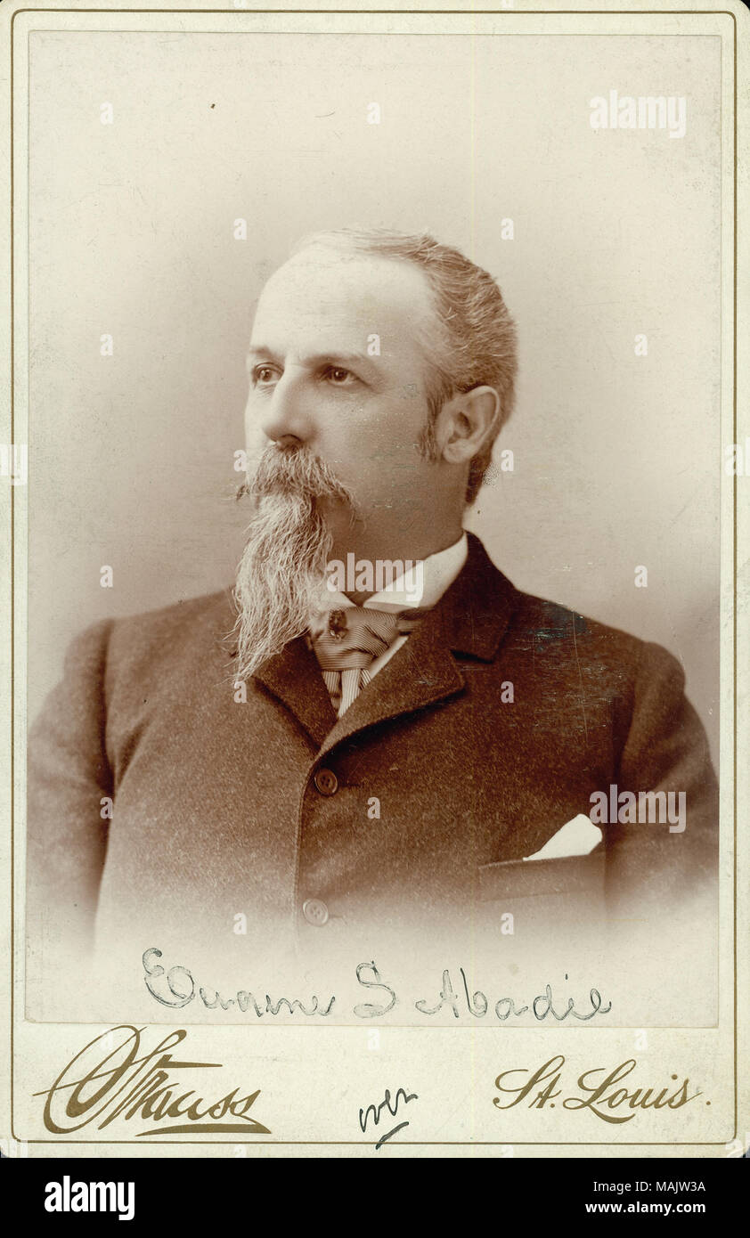 Bust portrait of Eugene Solignac Abadie wearing a suit and tie, with his head turned to the left. 'Eugene S. Abadie' and 'over' (written below image). 'Strauss' and 'St. Louis.' (printed below image). 'Eugene Solignac Abadie, born at Ft Smith Arkansas, August 12th 1842, Eldest son of colonel Eugene H Abadie who died in Saint Louis December 22nd 1874.' (typed on reverse side). Title: Eugene Solignac Abadie, Eldest son of Colonel Eugene H. Adabie (Union).  . circa 1880. Strauss, St. Louis Stock Photo