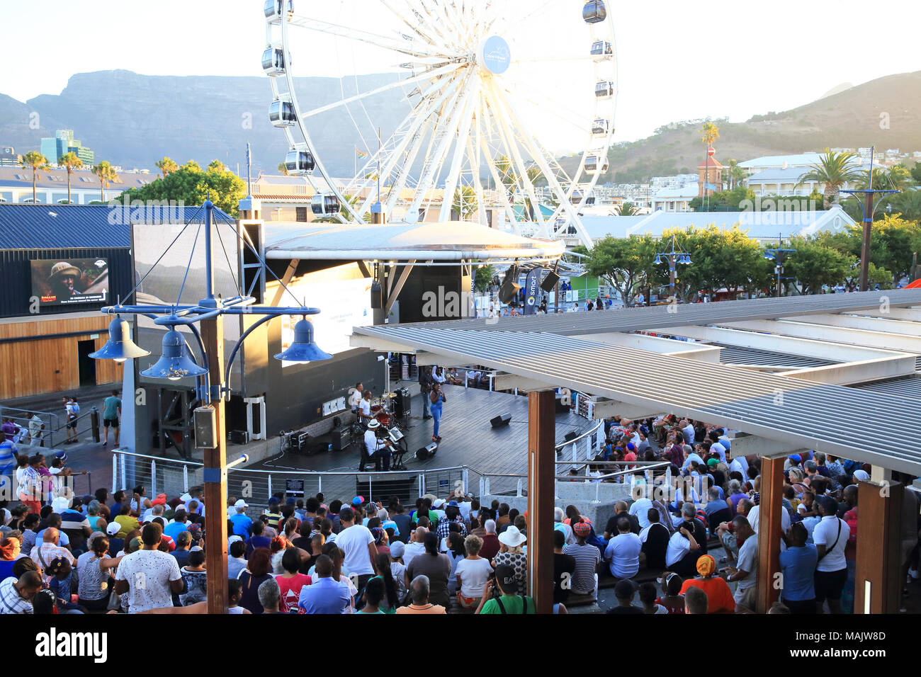 Judith Sephuma - South African jazz and Afro-pop singer - live on the V&A waterfront, on a summer's evening, in Cape Town, South Africa Stock Photo