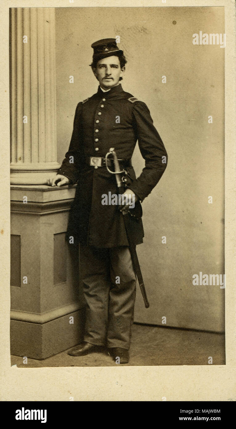 Full-length portrait of a man in uniform with a sword, wearing a hat. '1st Lieut. Alexander Pfeifer Co 'H' 12th Mo. Infty. Vols. Drowned in Mississippi River at Helena Arkansas Aug. 10, 1862.' (written below image on album page). The name is misspelled on the album page. Missouri Soldiers' Records and Hewitt (1998) has him listed as Pfeiffer instead of Pfeifer. He served as a Sergeant in Co. A, 2nd Missouri Volunteer Infantry in 1861 on a 3 month enlistment and was presumably involved with the Camp Jackson Affair. He then enlisted as a 2nd Lt. in Co. K, 12th Missouri Volunteer Infantry and was Stock Photo