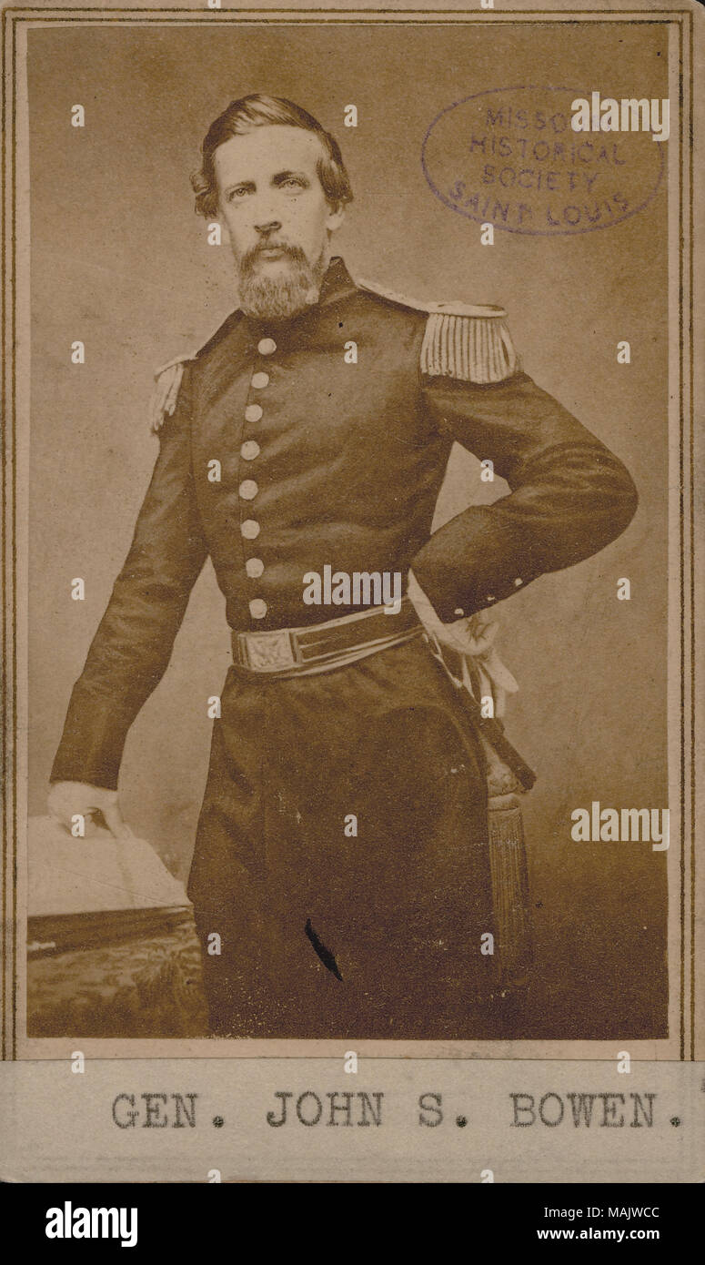 Half-length portrait of a man in uniform. 'GEN. JOHN S. BOWEN.' (in type below image). There is a MHS stamp on image. 'Bowen' (written on reverse side of stamp). Title: John S. Bowen, Major General (Confederate).  . between 1861 and 1865. E and H.T. Anthony, New York Stock Photo