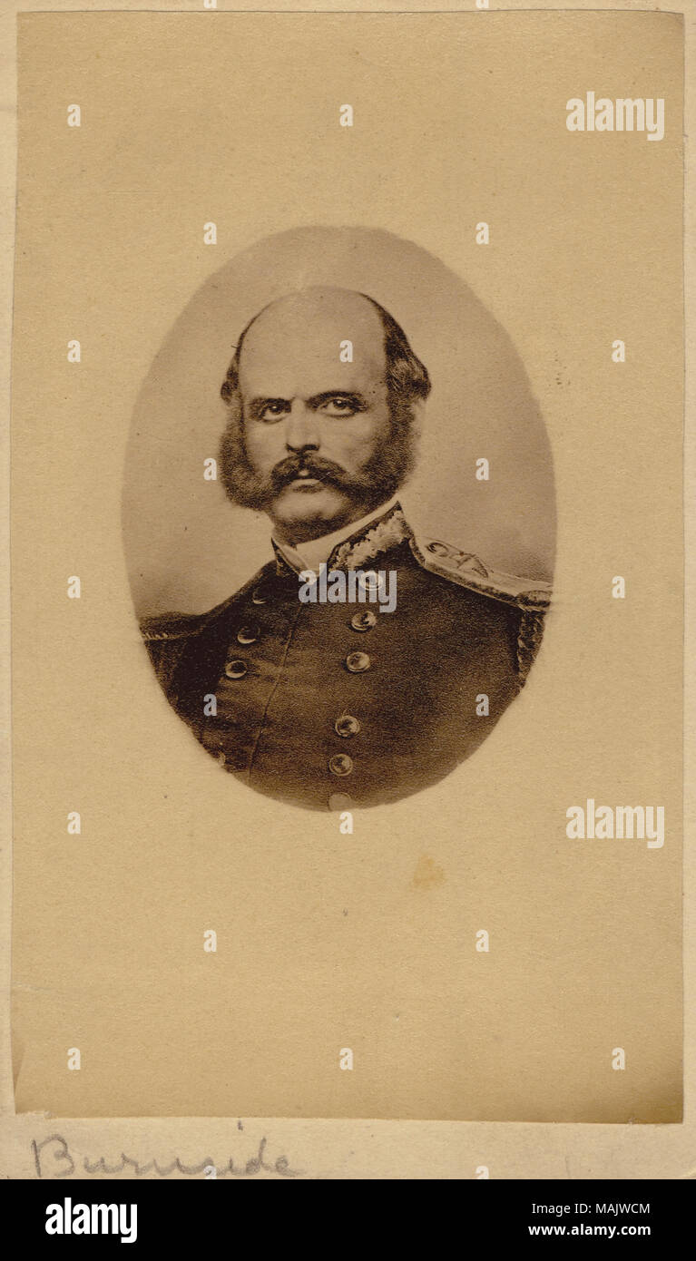 Bust-length portrait of a man in uniform. 'Burnside' (written below image). 'Burnside' (written on reverse side of image). Title: Ambrose E. Burnside, Major General (Union).  . between 1861 and 1865. Stock Photo