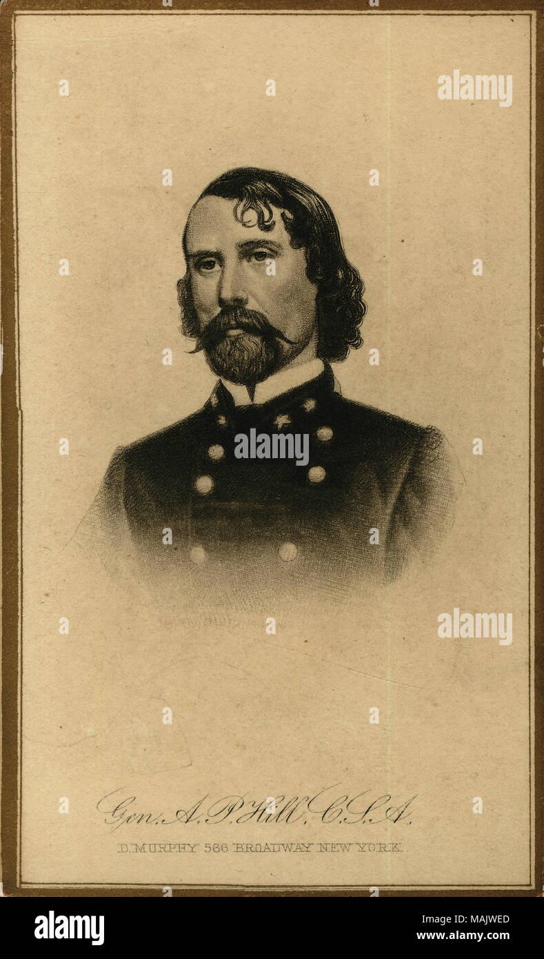 Bust portrait of a man in uniform. 'Gen. A. P. Hill , C.S.A.' (printed below image) 'Lieut - General Ambrose P. Hill. River Pines James Mill 2nd Bull Run Antietam Fredricksburg [sic] Chancellersville Gettysburg Wilderness Spotsylvania Cold Harbor Petersburg.' (written on reverse side of image). Title: Ambrose Powell Hill, General (Confederate).  . between 1861 and 1865. Stock Photo