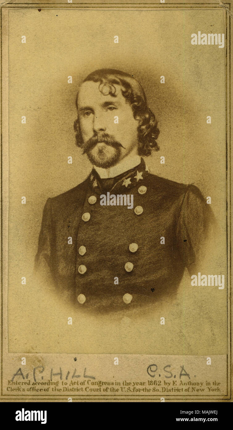 Bust portrait of a man in uniform. 'A. P. Hill C.S.A.' (written below image). 'A. P. Hill A. P. Hill' (written on reverse side of image). Title: Ambrose Powell Hill, Major General (Confederate).  . between 1861 and 1865. E. and H.T. Anthony Stock Photo