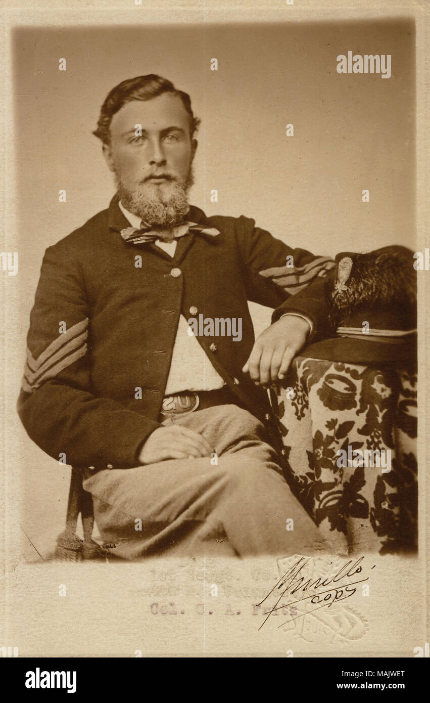 Half-length portrait of a man in uniform. '1862 1st Sergt, Co. 4th Mo. Volunteers Col C. A. Fritz' (typed below image). '[illegible] copy' (written below image). 'H Hunicke 19 years Herman Hunicke 19 years (Civil War) 1st Segt. Co. [?] 4th Missouri Volunteers of Liberty Central Trust Co.' (written on reverse side of image). 'Gift of Mrs. H. M. Whelpley' (written on reverse side of image). At the age of 17 1/2 years old, Pvt. Hunicke was a member of Co. H 3rd U.S. Reserves, which was involved in the Camp Jackson affair (Rombauer 1909: 449). After the regiment disbanded on August 18, 1861, Hunic Stock Photo