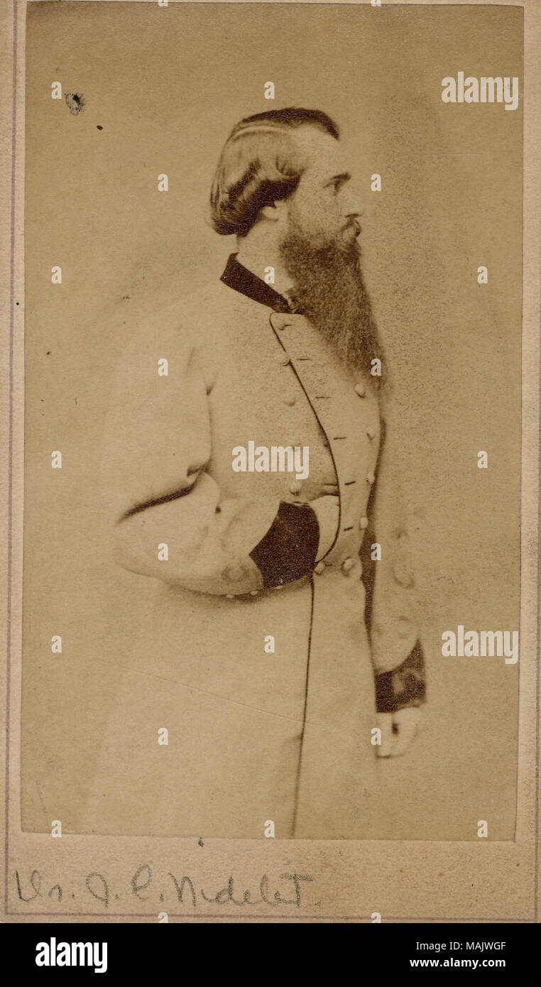 Half-length portrait of a man in uniform. 'Dr. J. C. Nidelet' (written below image). 'Dr. J. C. Nidelet Dr. J. C. Nidelet' (written on reverse side). Two cent stamp on reverse side. Dr. Nidelet was the Chief Surgeon under General Price, C.S.A. (digital soldiers records). Title: James C. Nidelet (Confederate).  . between 1861 and 1865. J.A. Scholten, St. Louis Stock Photo