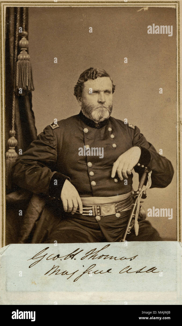 Half-length portrait of a seated man in uniform. 'Geo. H. Thomas Maj Genl USA' (written below image). 'From Family of Geo. C. Hitchcock 1949' (written on reverse side). Two cent stamp on reverse side. Title: George H. Thomas, General (Union).  . between 1861 and 1865. Giers and Co., Nashville Stock Photo