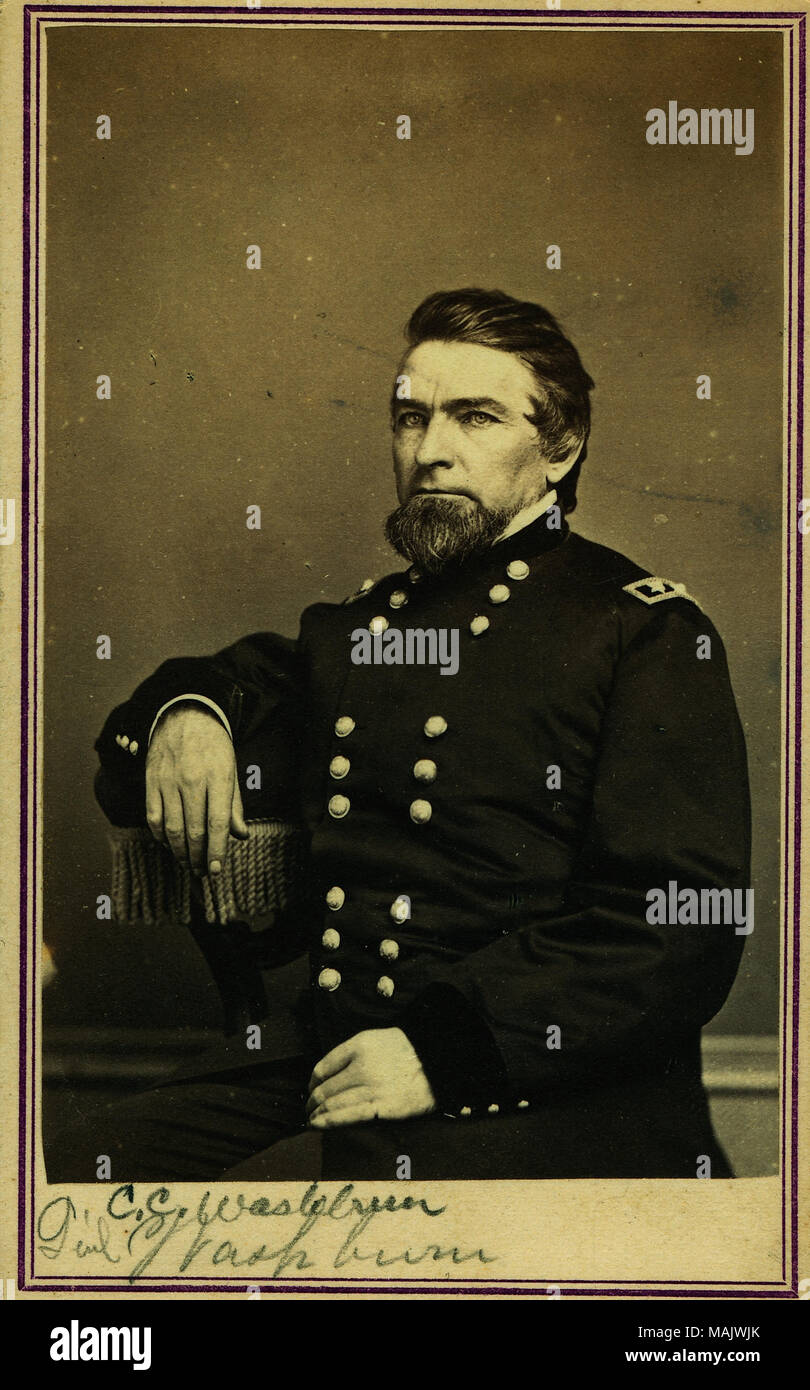 Half-length portrait of a seated man in uniform. 'C. C. Washburn Genl Washburn' (written below image). 'Gen Washburn' (written on reverse side) Two cent stamp on reverse side. Title: Cadwallader Colden Washburn, General (Union).  . between 1861 and 1865. J.W. Taft, Memphis Stock Photo