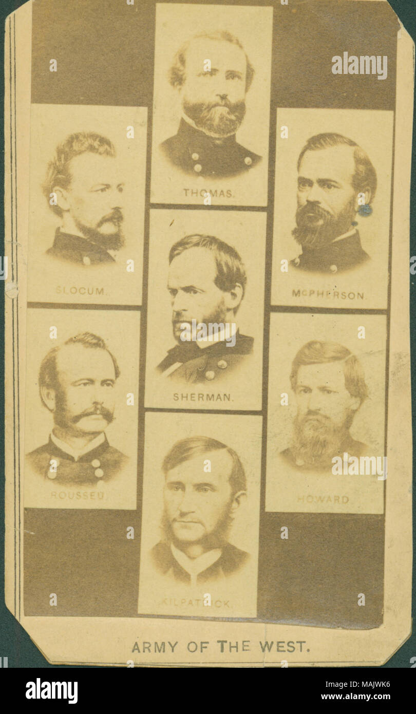 Small card with photographs of seven Union officers. Maj. Gen. G.H. Thomas, J. McPherson, O.O. Howard, H.J. Kilpatrick, L.H. Rousseau, H.W. Slocum, W.T. Sherman. Title: Army of the West (Union officers).  . between 1861 and 1865. Stock Photo