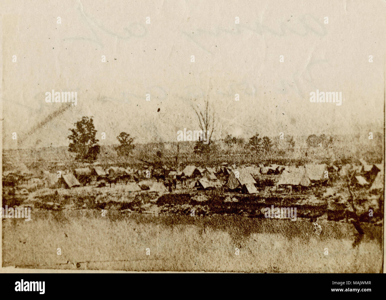 Photograph of campsite with tents in the foreground and trees in the background. 'Union Army at Morganza Bend, Louisiana' and 'Gift of John H. Gundlack.' (written on reverse side). Title: 'Union Camp, Morganza Bend, LA.'  . between 1861 and 1865. Stock Photo