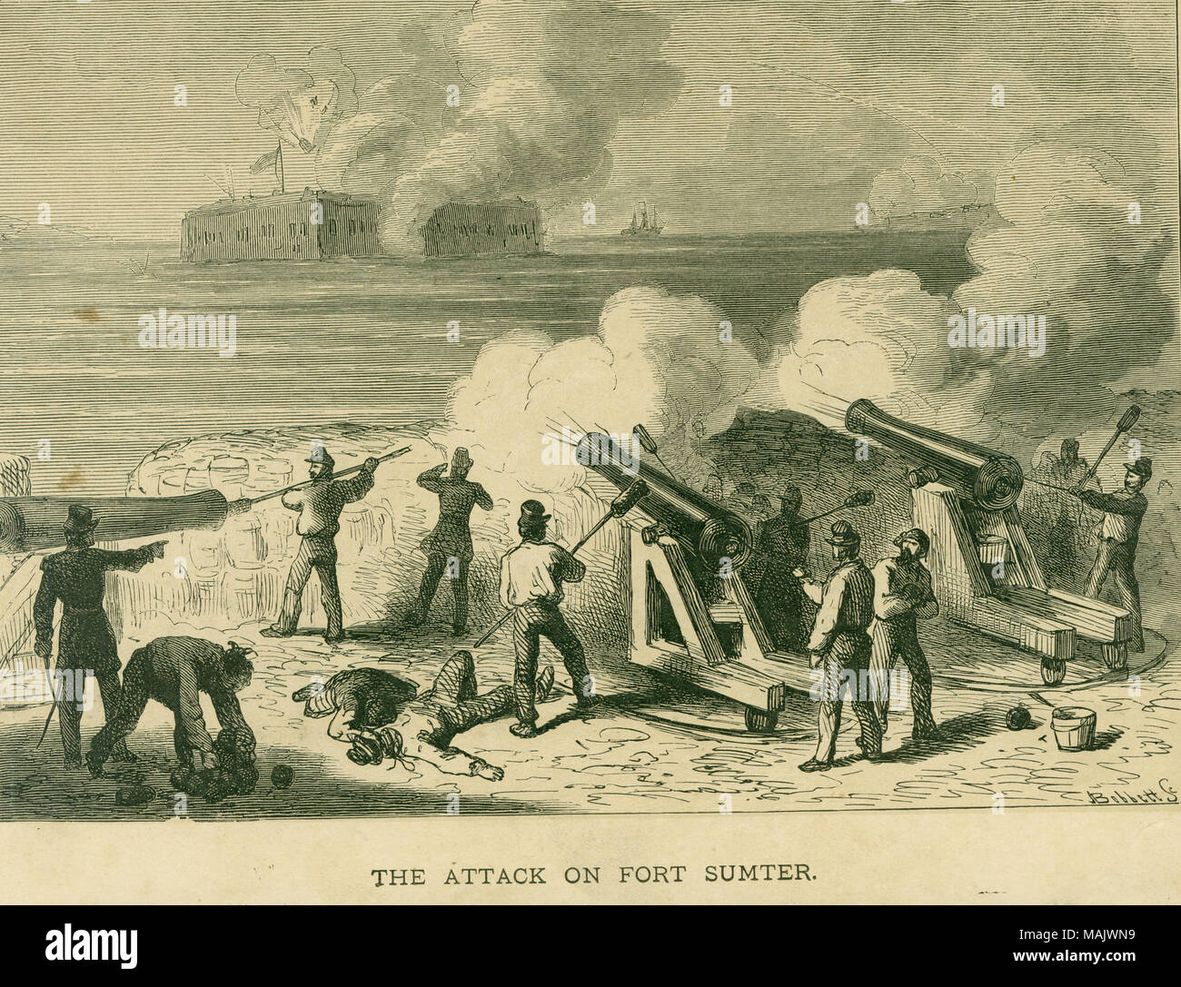 Print of artillerymen firing cannons in foreground at Fort Sumter in the background. 'THE ATTACK ON FORT SUMTER.' (printed below image). Title: 'The Attack on Fort Sumter.'  . between 1861 and 1865. Bobbett Stock Photo