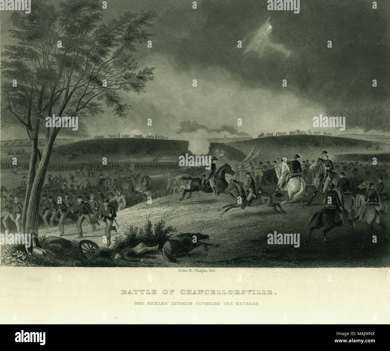 Print of troops and one wagon retreating on left side of image with eight men on horses on the right side of image. Behind the riders is another large group of soldiers. There is a multitude of soldiers in the background with several cannons and crewmembers on a ridge. 'BATTLE OF CHANCELLORSVILLE. GEN. SICKLES' DIVISION COVERING THE RETREAT.' (printed below image). 'From: The Great Civil War. Vol. III By Robt. Towes, M. D. and Benjamin G. Smith Pub. by Virtue [?] and Yorston [?], 1865' (written on reverse side). Title: 'Battle of Chancellorsville. Gen. Sickles' Division Covering the Retreat.'  Stock Photo