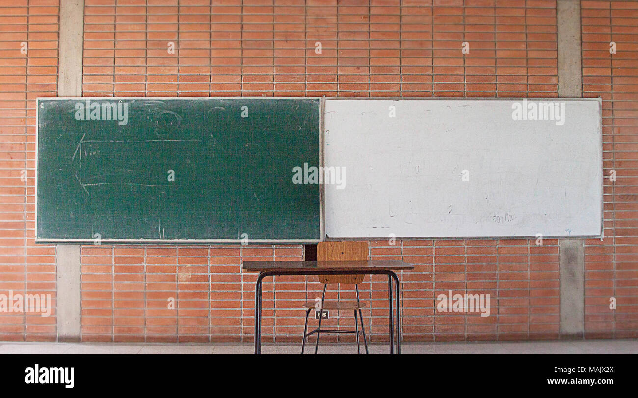 Empty Teacher S Desk With Whiteboard In The Background No Teacher