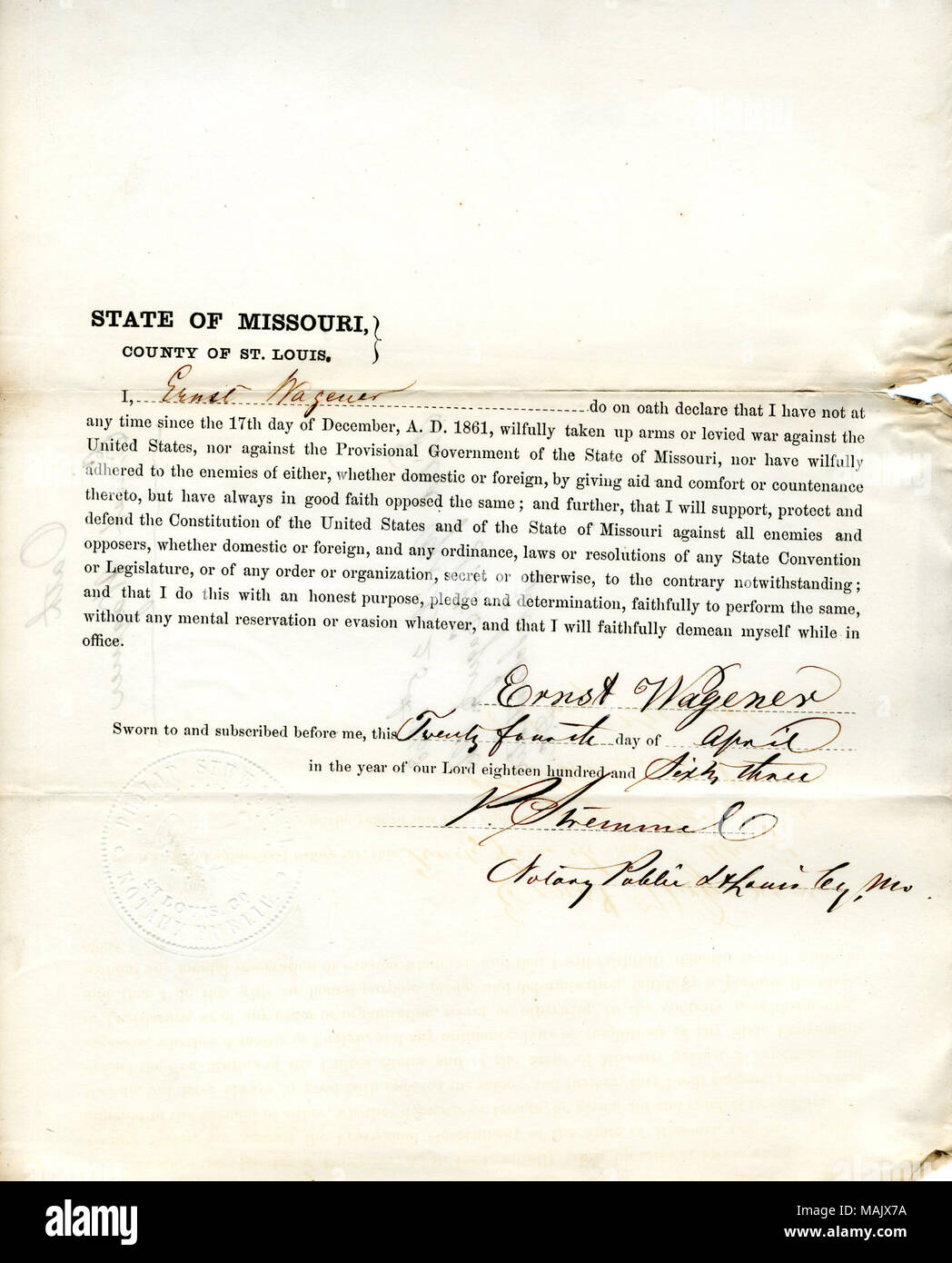 Swears oath of allegiance to the Government of the United States and the State of Missouri. Title: Loyalty oath of Ernst Wagener of Missouri, County of St. Louis  . 25 April 1863. Wagener, Ernst Stock Photo
