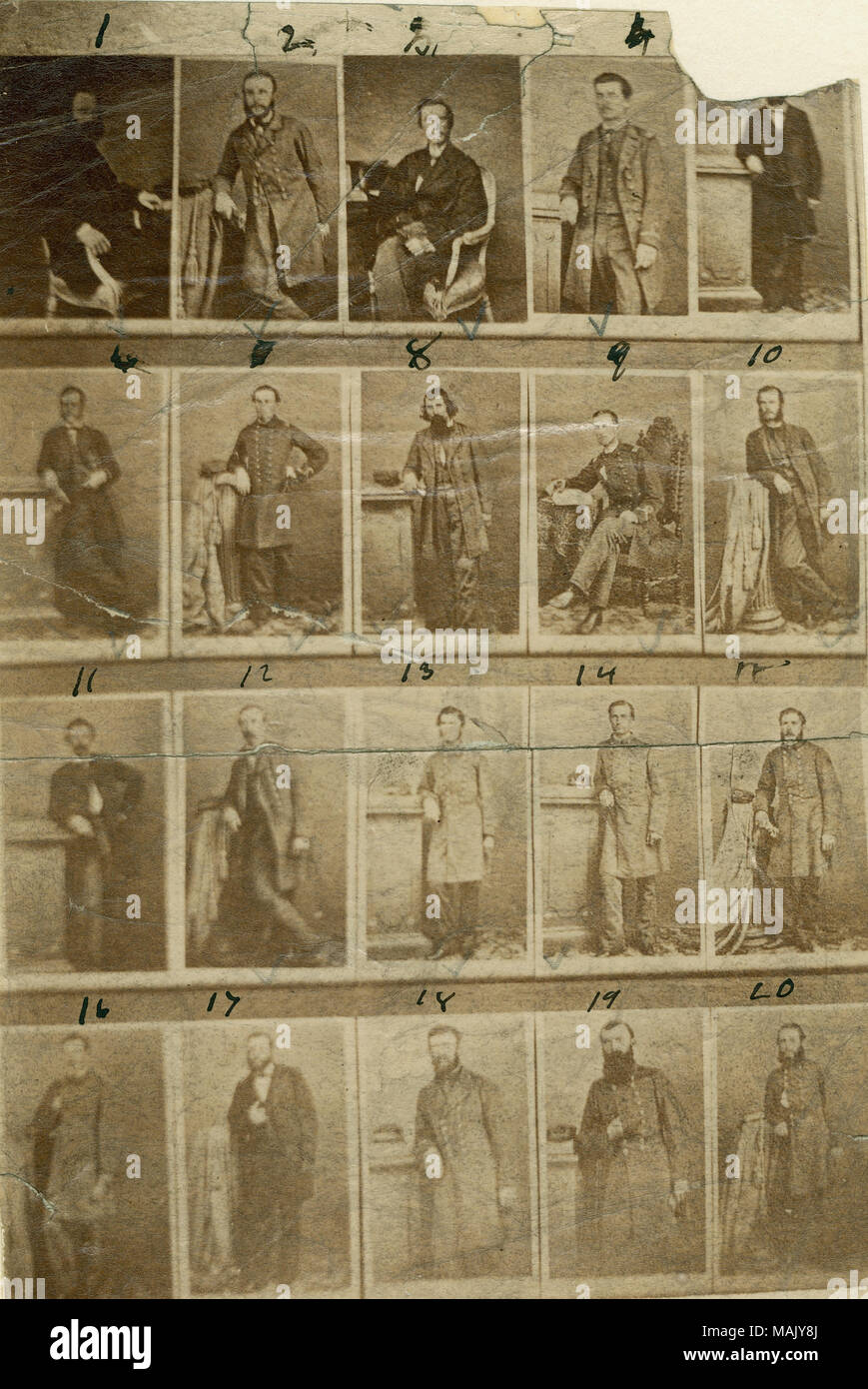 Photograph containing portraits of 20 Confederate naval officers in uniform. Portraits are numbered 1-20, which corresponds to the list of names pasted below the photograph. '20 of the Officers of the C. S. S. Alabama Photographs taken in London, 1863 Gift of John H. Gundlach.' (written on reverse side). Title: Officers of the C.S.S. Alabama.  . 1863. Stock Photo