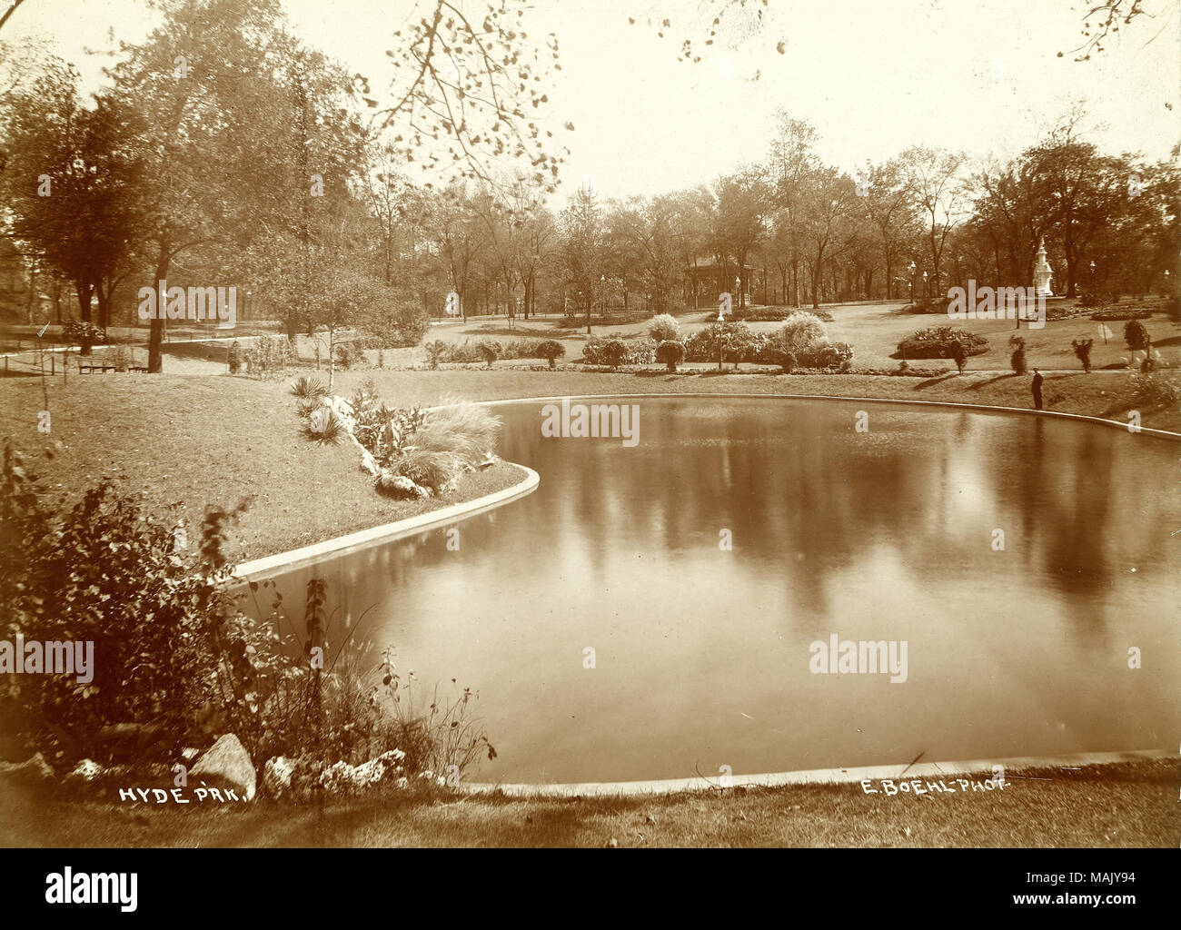 Title: Pond Scene in Hyde Park.  . circa 1890. Emil Boehl Stock Photo