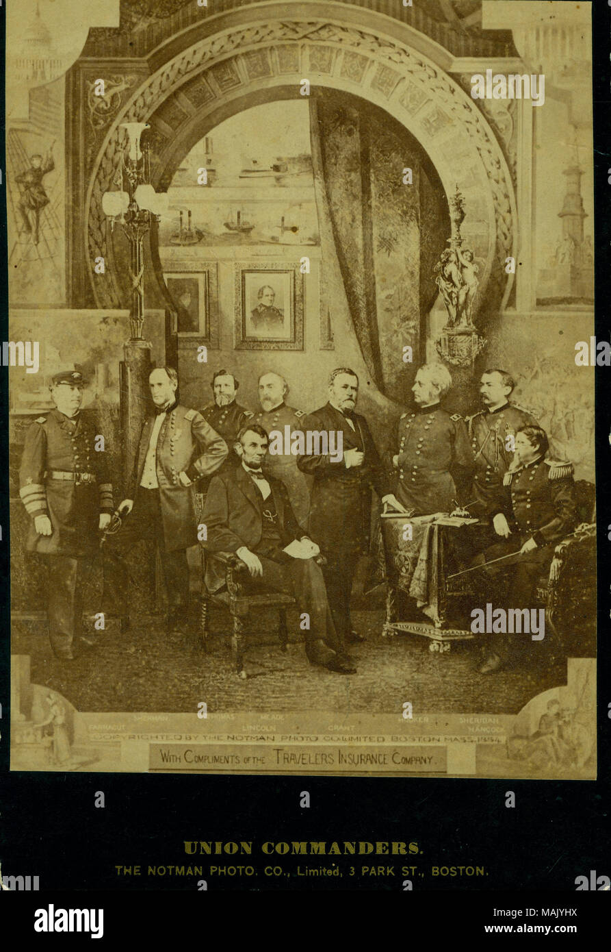 Print of President Lincoln in chair in the foreground surrounded by Union military officers. Grant's image appears to be taken from a later photograph from his presidency. In the background are smaller images of the capital, naval battles, portraits, and monuments. Names of individuals are printed below corresponding image. Printed Below Image: 'With Compliments Of The Travelers Insurance Company.' Title: 'Union Commanders.' (L to R: Farragut, Sherman, Thomas, Lincoln, Meade, Grant, Hooker, Sheridan, Hancock).  . 1884. The Notman Photo Co., Boston Stock Photo