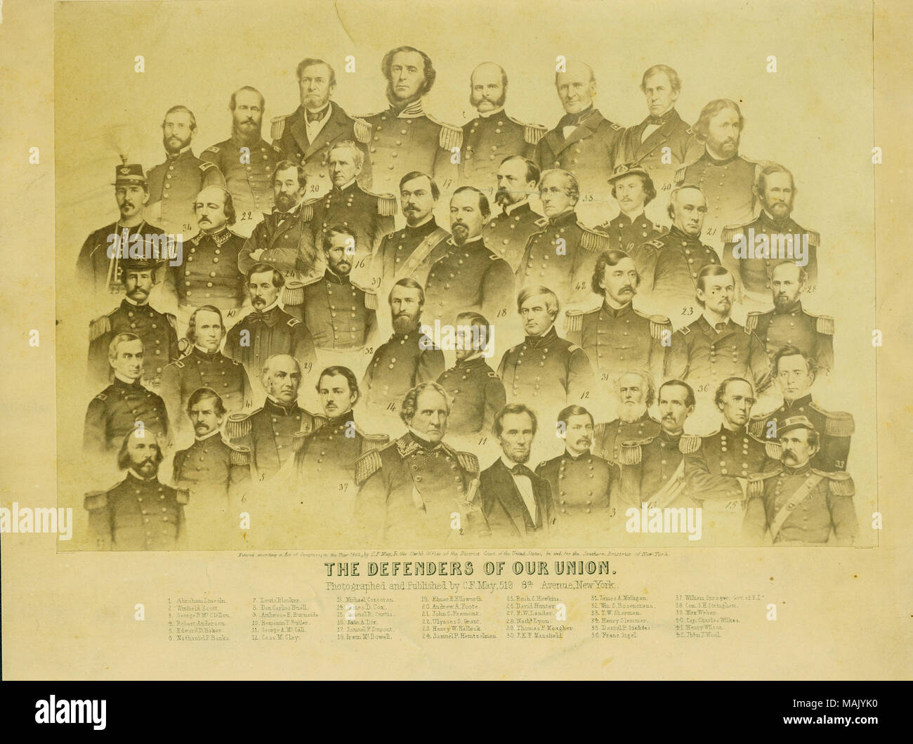 Bust portraits of 42 Union officers and government officials. Images are numbered and a list of names below the image corresponds with the individual portraits. 'THE DEFENDERS OF OUR UNION.' (printed below image). Title: 'The Defenders of Our Union.'  . 1862. C.F. May, New York Stock Photo