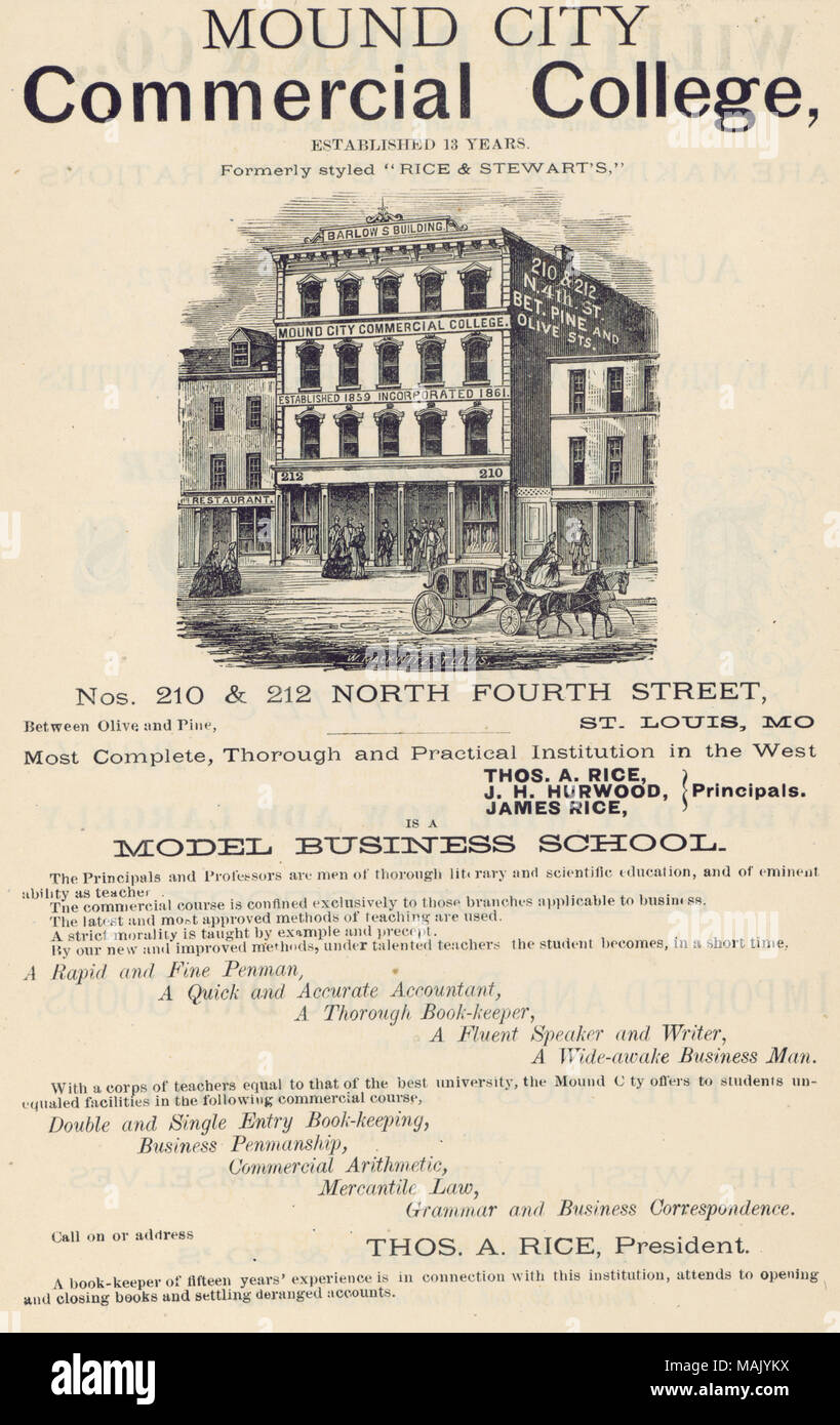 Title: Mound City Commercial College. 210-212 North Fourth Street. Advertisement from Central Magazine, Feb. 1872.  . 1872. William Mackwitz Stock Photo