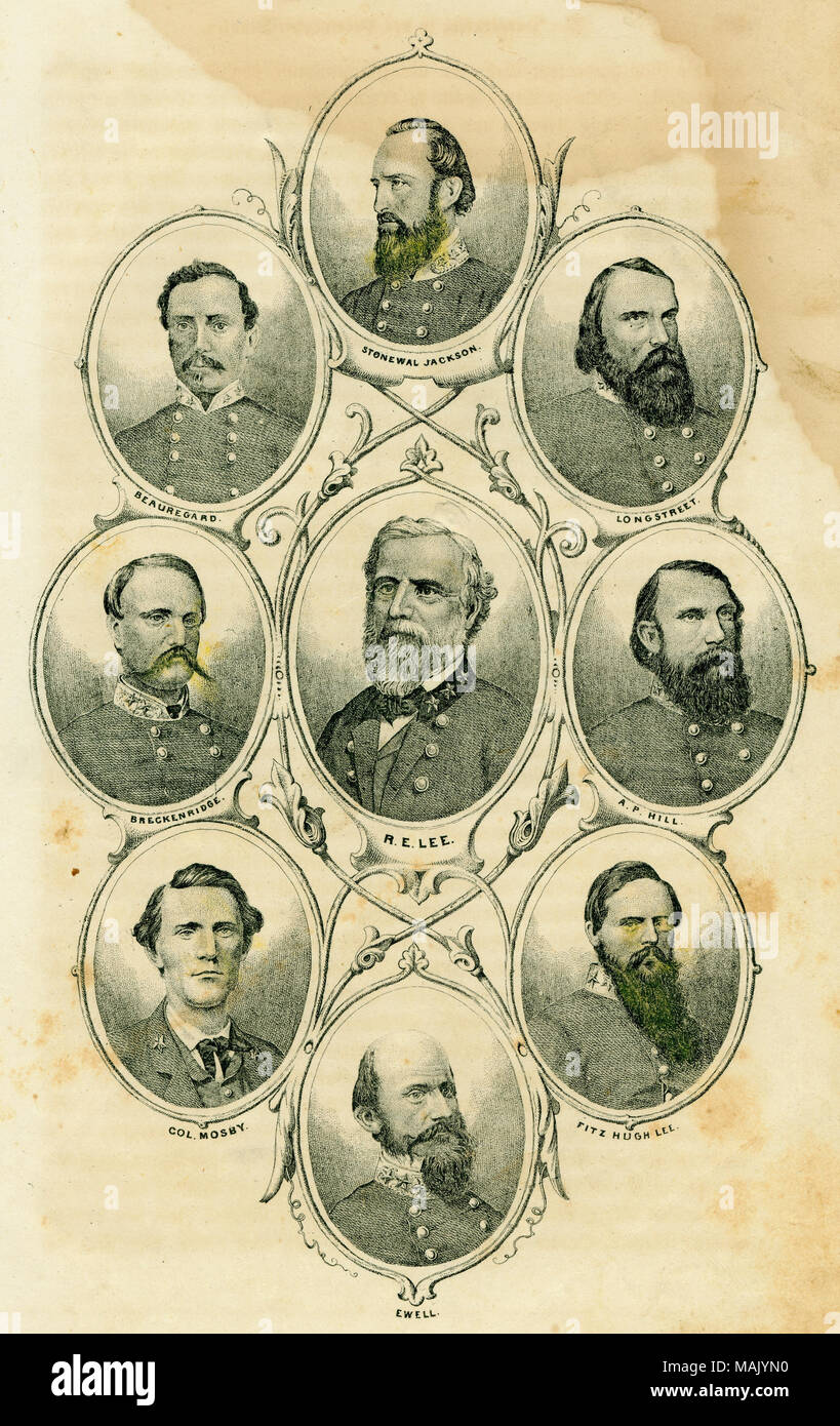 Print of bust portraits of nine Confederate generals. Subjects include Generals Stonewall Jackson, Longstreet, A.P. Hill, Fitzhugh Lee, Ewell, Greckenridge, Beauregard, and Lee and Col. Mosby. Names printed below portraits. Title: Confederate Generals (Subjects include Generals Stonewall Jackson, Longstreet, A.P. Hill, Fitzhugh Lee, Ewell, Greckenridge, Beauregard, and Lee and Col. Mosby).  . between 1861 and 1865. Stock Photo