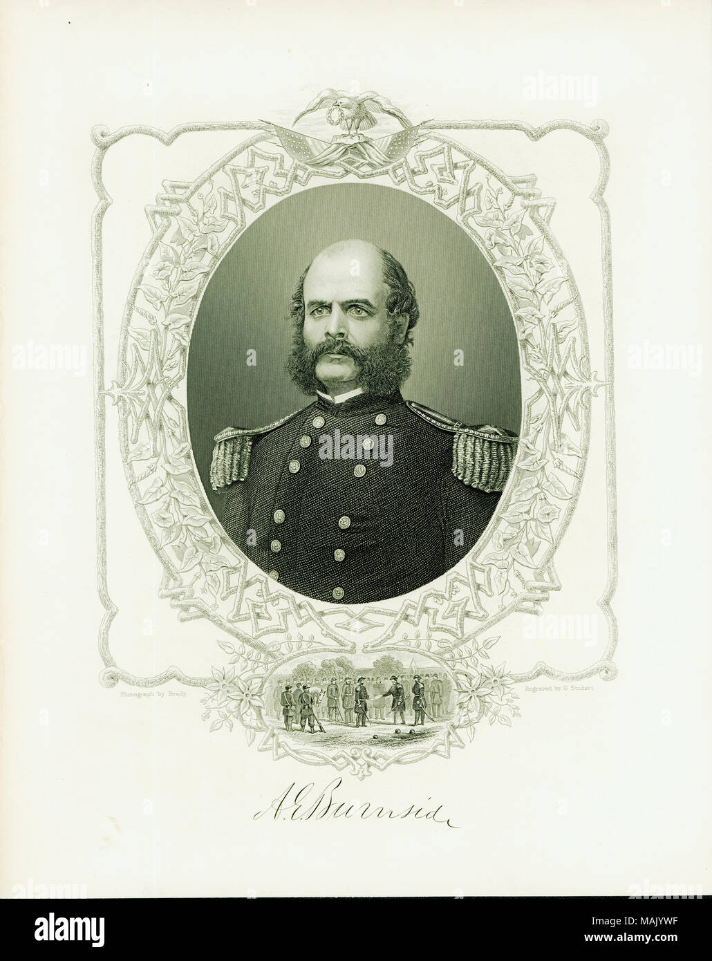 Bust portrait of a man in uniform with an image of a frame and a small scene of troops in formation below portrait. 'A E Burnside' (signature printed below image). 'From: The Great Civil War - Vol. II. by Robt. Tomes, M. D. and Benjamin G. Smith New York Virtue and Yorston 12 Dey [?] Street 1865' (written on reverse side). Taken from 'The Great Civil War, vol. II.' by Robert Tomes, M.D. and Benjamin G. Smith. Book was published by Virtue and Yorston, 1865. Title: Ambrose E. Burnside, General (Union).  . 1865. G. Stodart Stock Photo