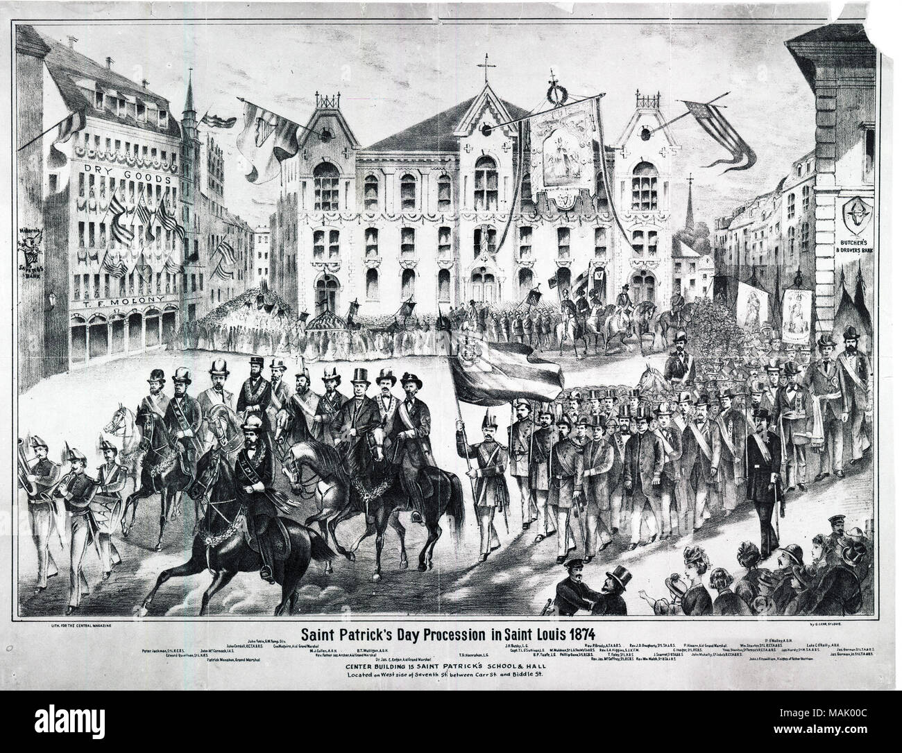 Horizontal lithograph showing a view of the 1874 Saint Patrick's Day procession in front of Saint Patrick's School and Hall, also includes T.F. Molony Dry Goods Building, Butcher's and Drover's Bank, and Hibernia Savins Bank. Prominent persons are identified in the caption. Title: 'St. Patrick's Day Procession in St. Louis, 1874', west side of Seventh Street between Carr Street and Biddle Street.  . March 1874. G. Lehr Stock Photo