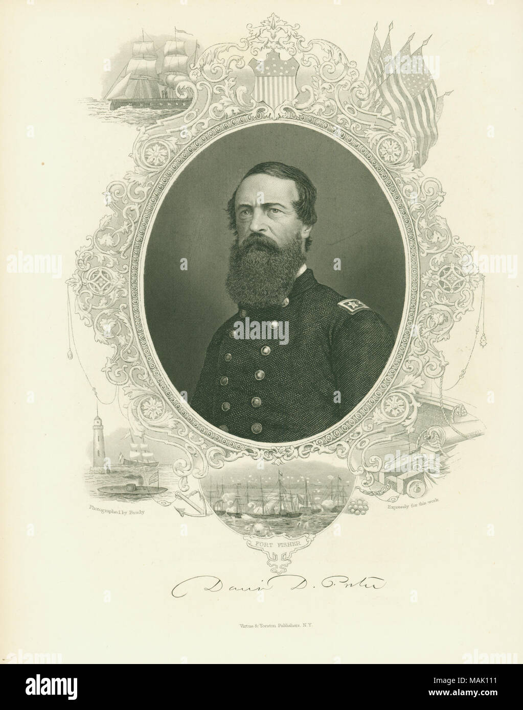 Bust portrait of a man in uniform with naval battle scenes and other smaller images printed around portrait. 'David D. Porter' (signature printed below image). 'From: The Great Civil War - Vol. III by Robt. Tomes, M. D. and Benjamin G. Smith New York Virtue and Yorston 12 Dey [?] Street 1865' (written on reverse side). Taken from 'The Great Civil War, vol. III.' by Robert Tomes, M.D. and Benjamin G. Smith. Book was published by Virtue and Yorston, 1865. Title: David D. Porter, Admiral (Union).  . between 1861 and 1865. Stock Photo